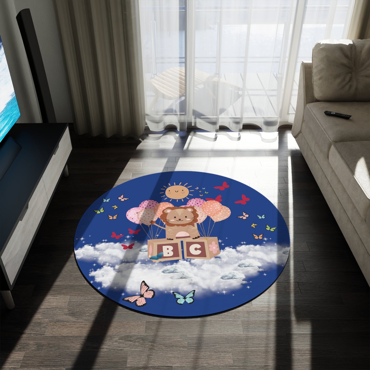 Kid's Lion Balloon Flight Round Rug - Misfit Marketing Designs