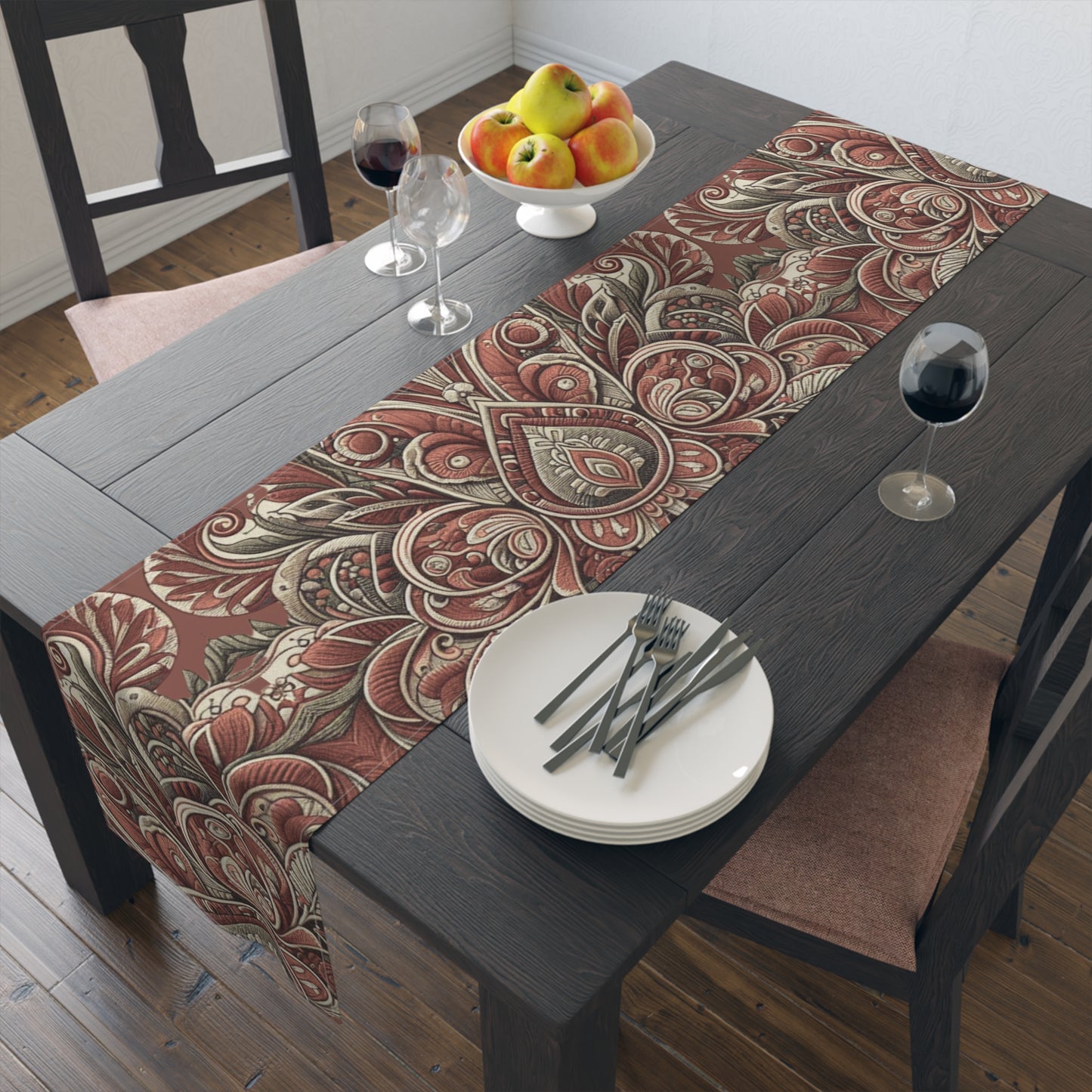 Burgundy Floral Pattern Table Runner