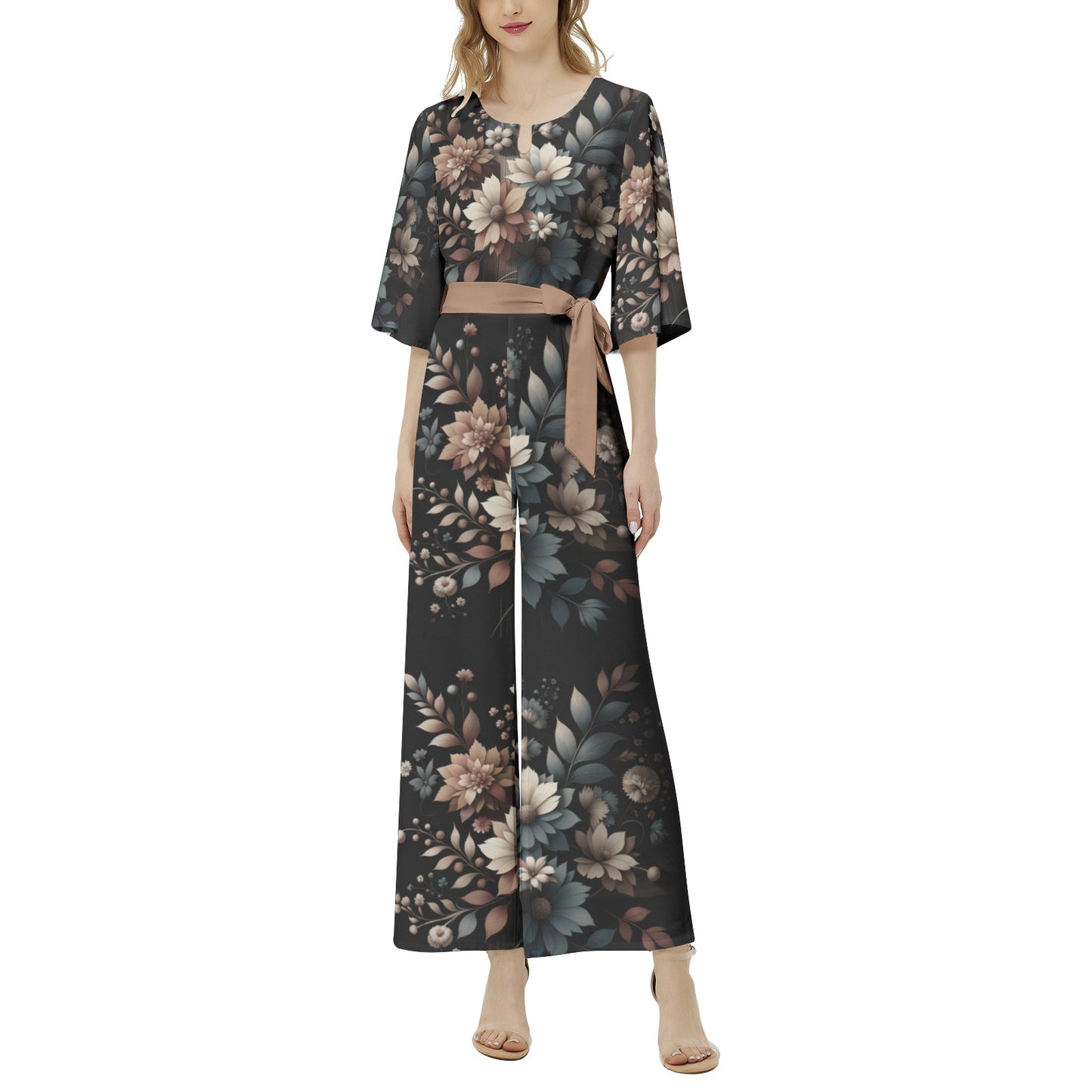 Floral Dolman Sleeve Wide Leg Jumpsuit with Belt - Chic and Comfortable - Misfit Marketing Design Studios