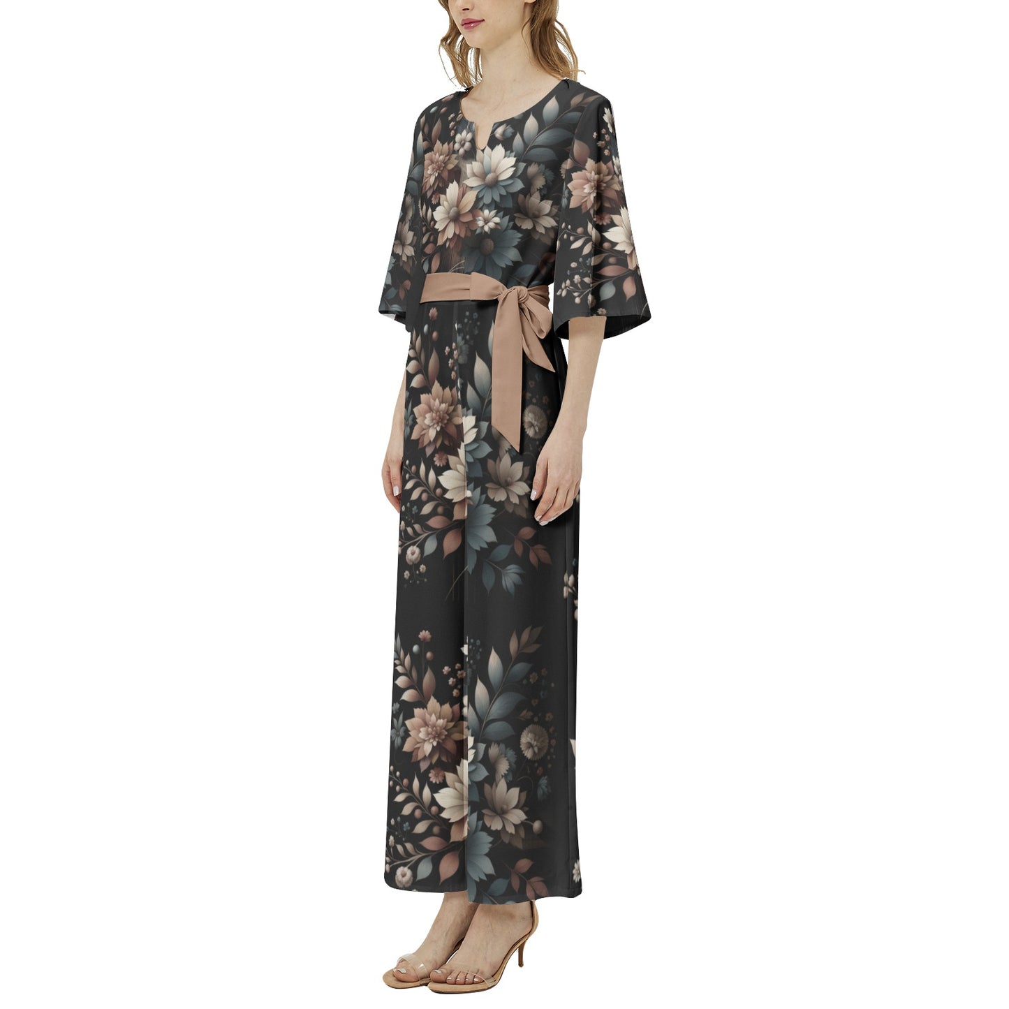 Floral Dolman Sleeve Wide Leg Jumpsuit with Belt - Chic and Comfortable - Misfit Marketing Design Studios