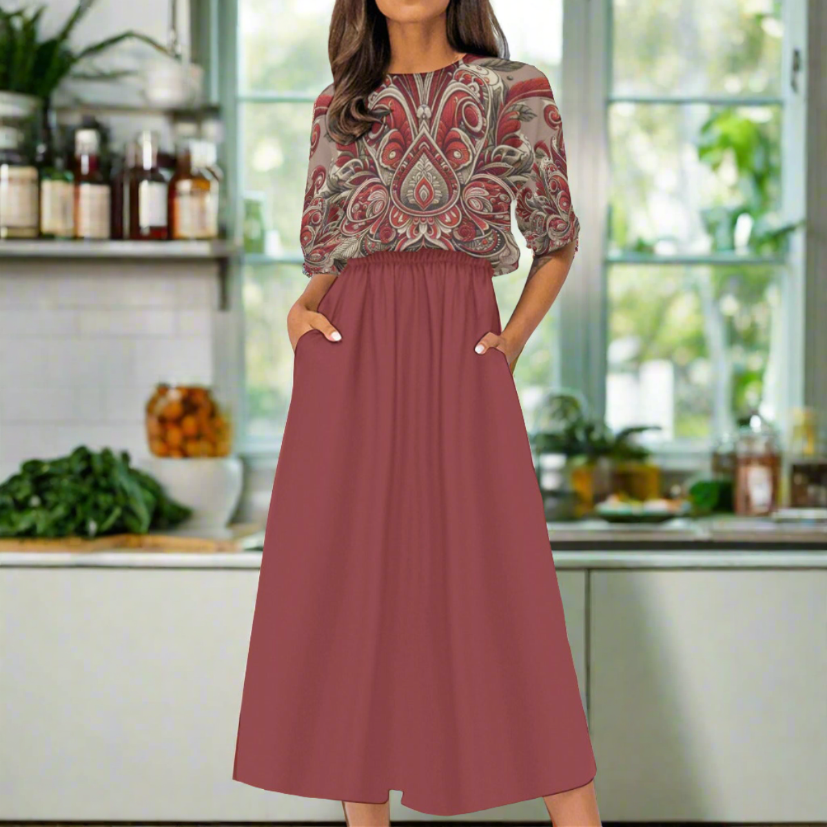 Women's Burgundy Art Deco Floral Elastic Waist Dress