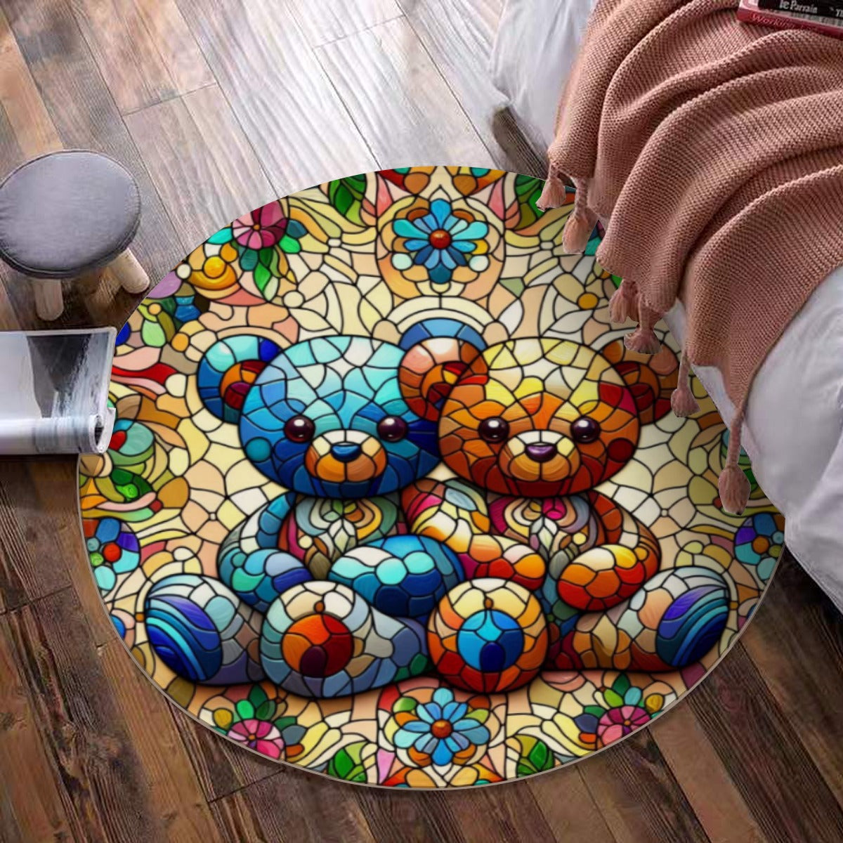 Teddy Bear Stained Glass Design Foldable Round Mat