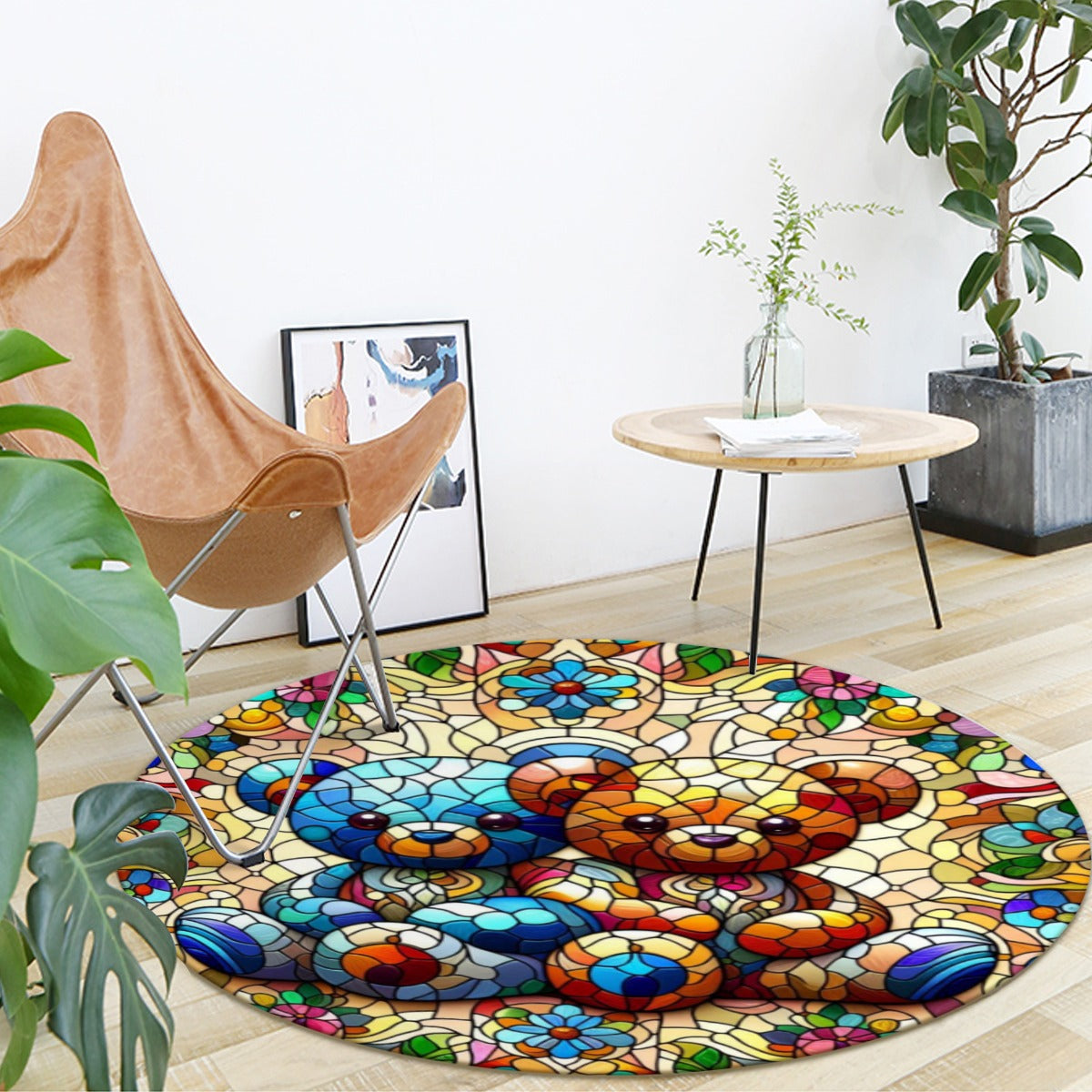 Teddy Bear Stained Glass Design Foldable Round Mat