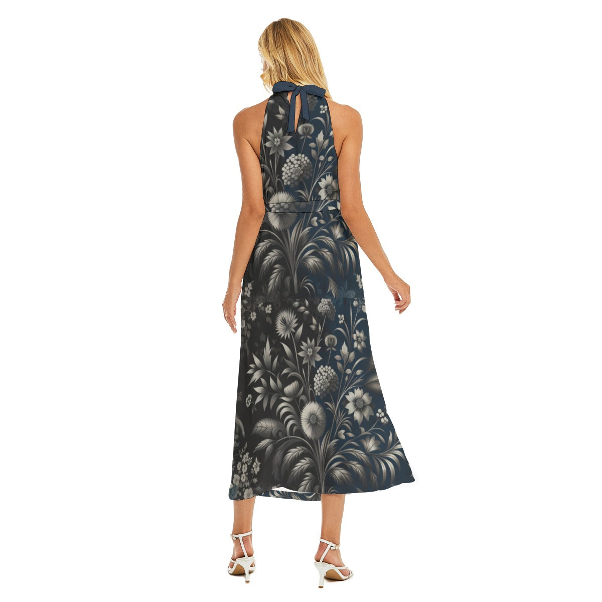 Floral Wrap Hem Belted Halter Dress for Women - Elegant and Chic - Misfit Marketing Design Studios