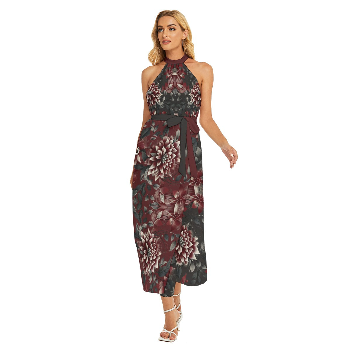 Women's Burgundy Floral Wrap Hem Belted Halter Dress