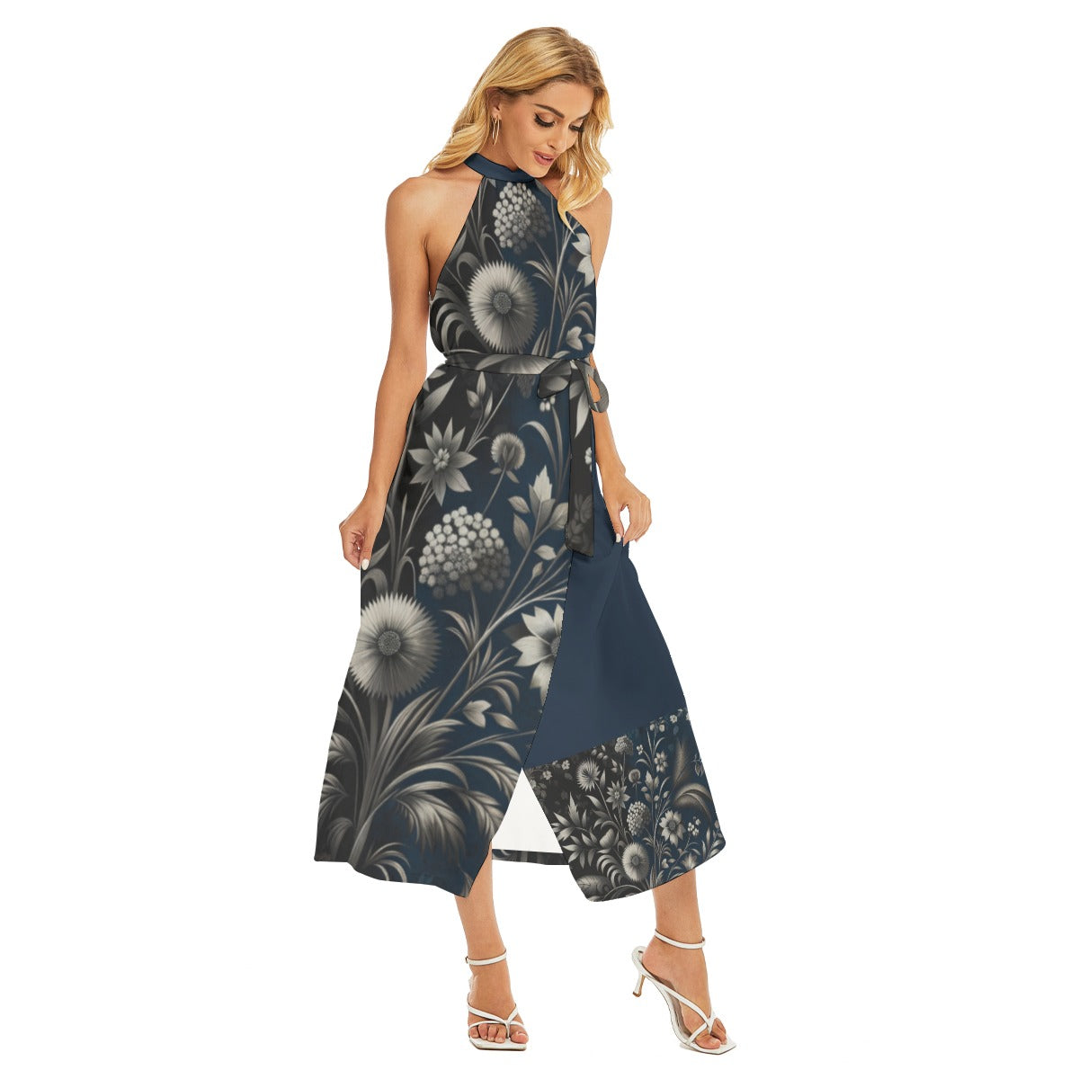 Floral Wrap Hem Belted Halter Dress for Women - Elegant and Chic - Misfit Marketing Design Studios