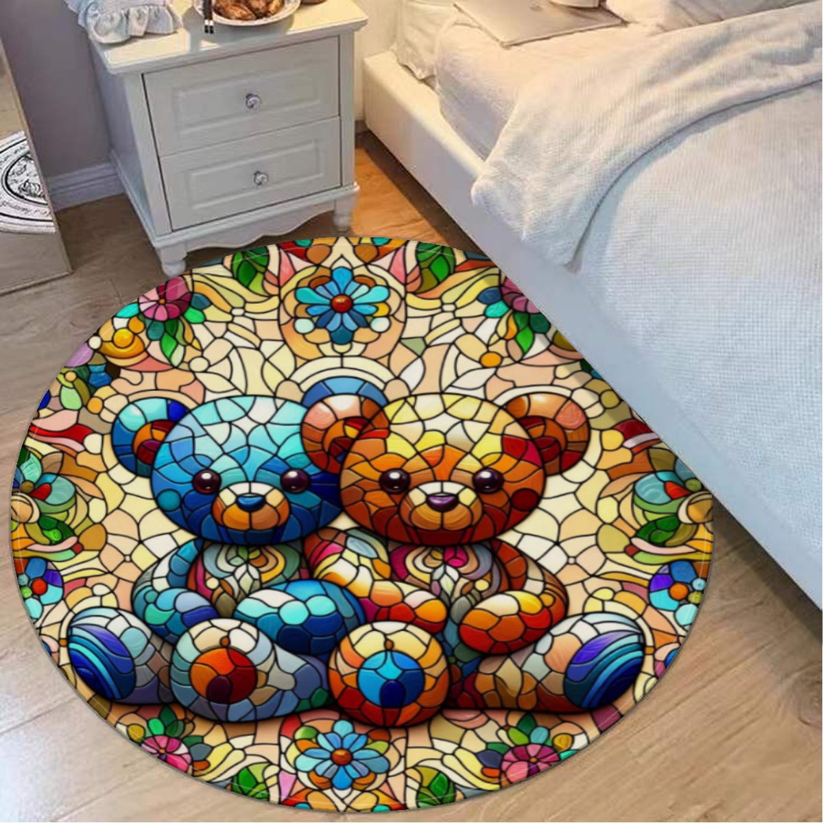 Teddy Bear Stained Glass Design Foldable Round Mat