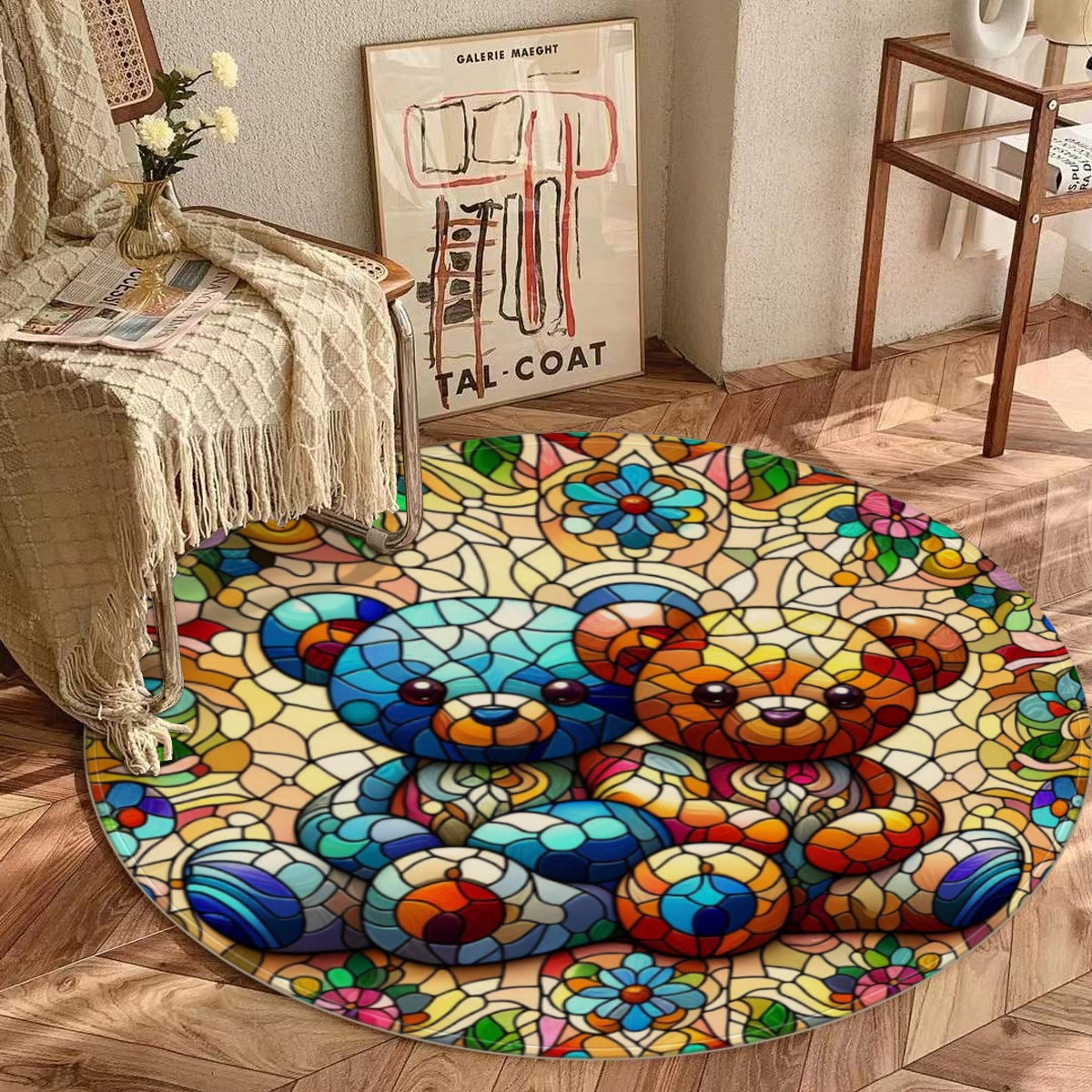 Teddy Bear Stained Glass Design Foldable Round Mat