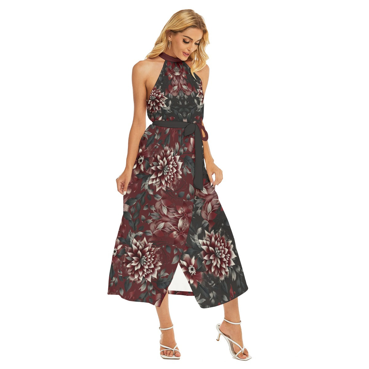 Women's Burgundy Floral Wrap Hem Belted Halter Dress