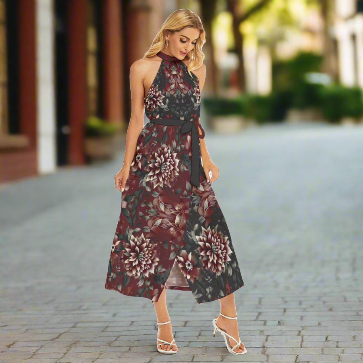 Women's Burgundy Floral Wrap Hem Belted Halter Dress