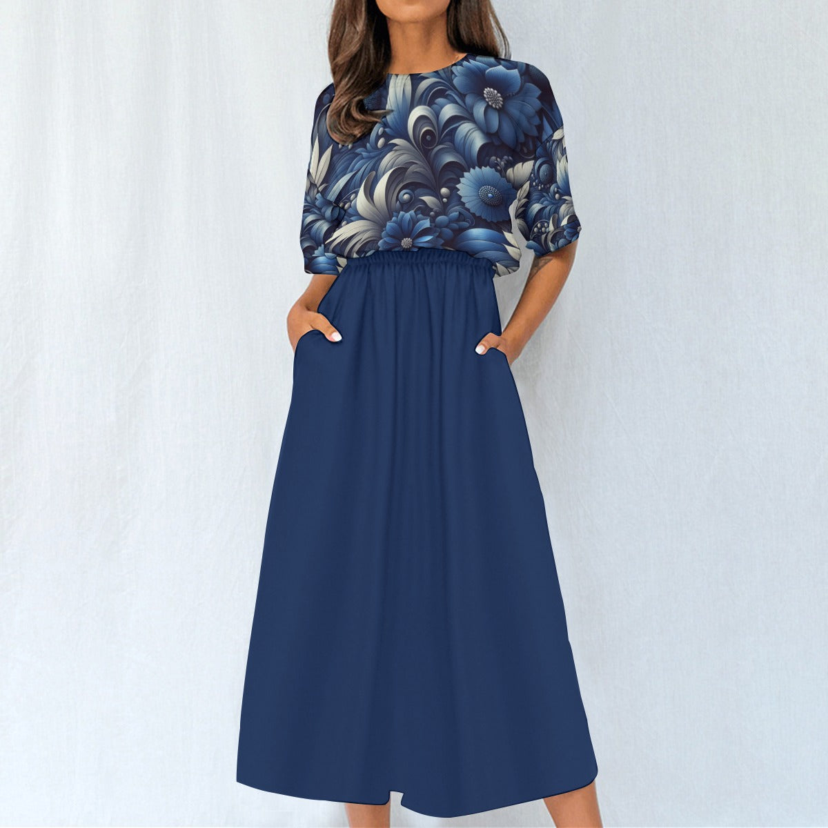 Indigo Floral Maxi Dress with Elastic Waist - Perfect for Any Occasion - Misfit Marketing Design Studios