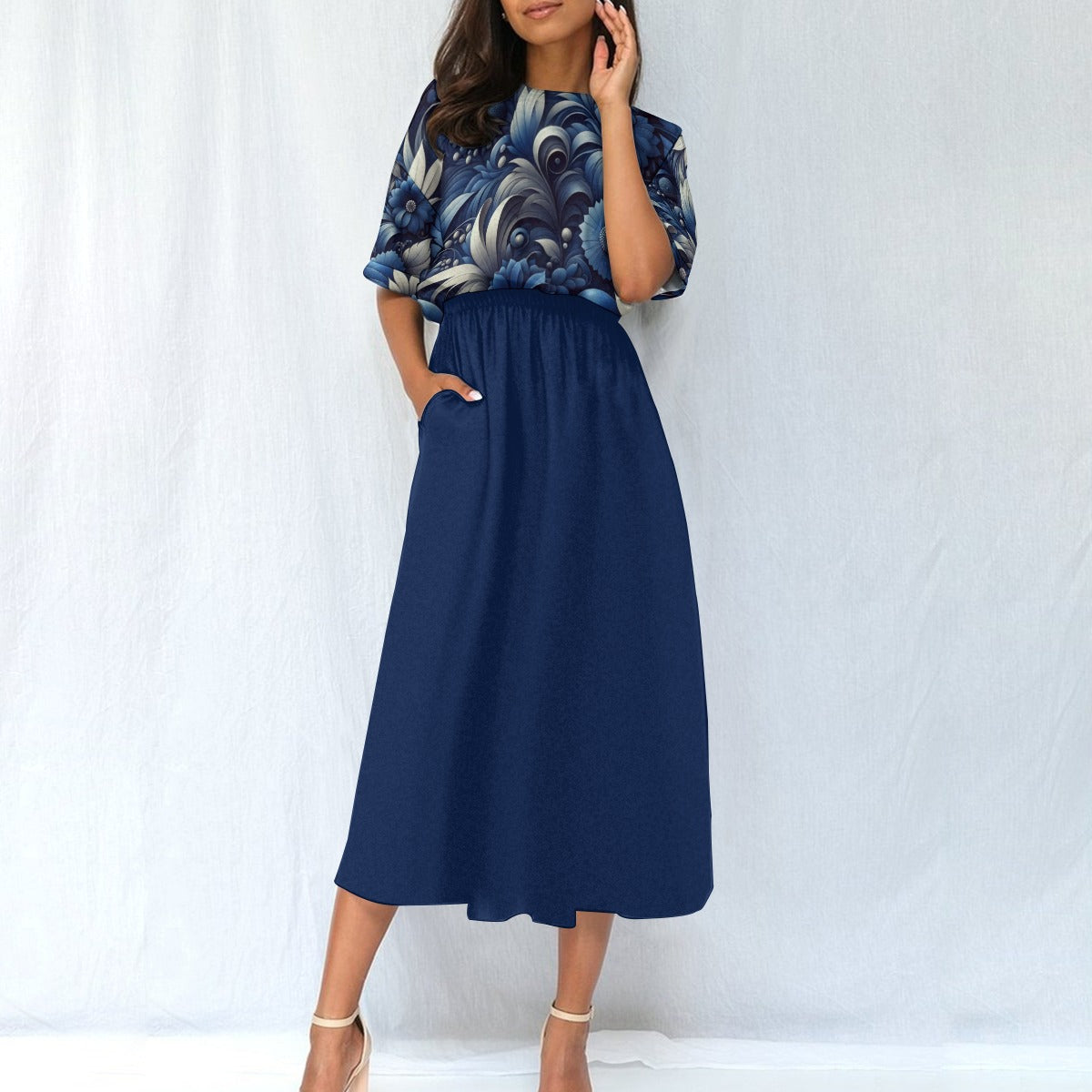 Indigo Floral Maxi Dress with Elastic Waist - Perfect for Any Occasion - Misfit Marketing Design Studios