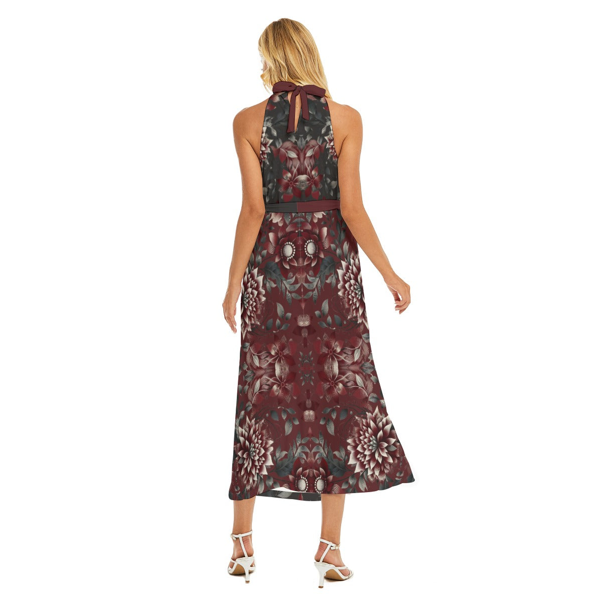 Women's Burgundy Floral Wrap Hem Belted Halter Dress