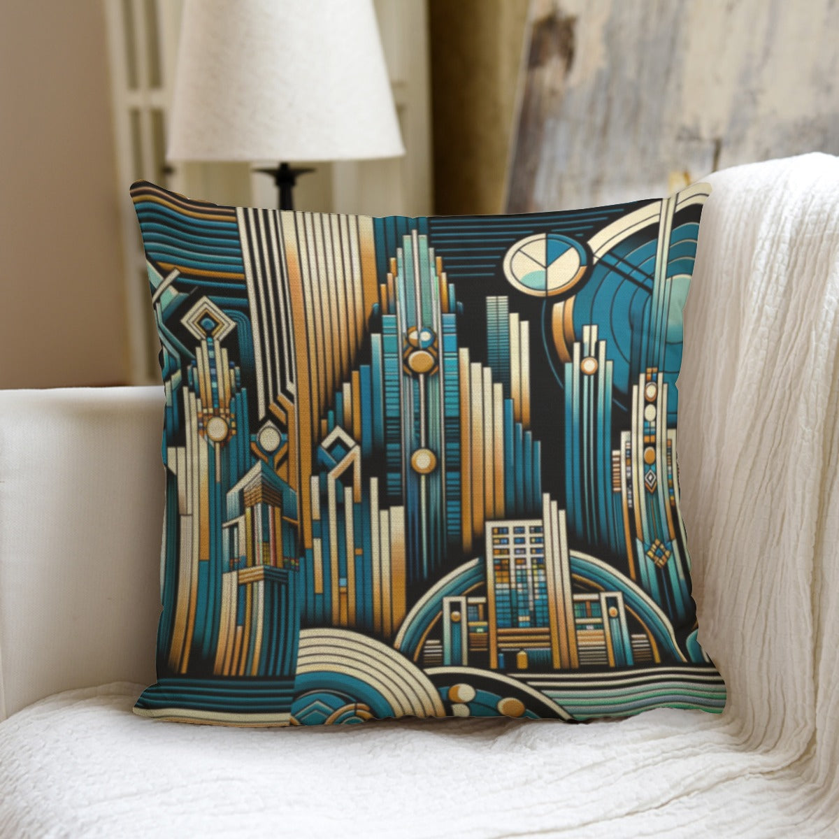 Blue Art Deco Cityscape Decorative Accent Pillow - Modern Home Decor - Misfit Marketing Design Studios