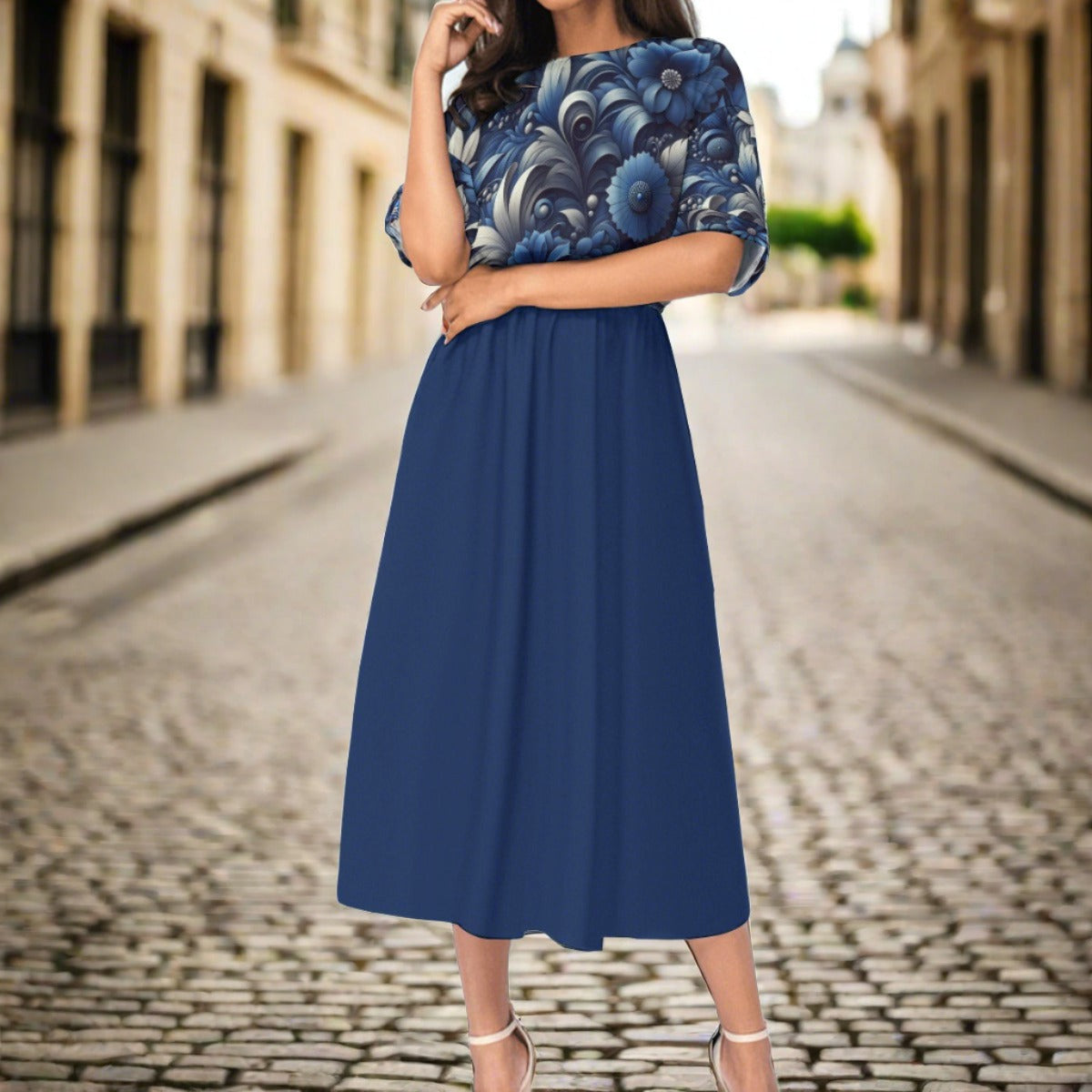 Indigo Floral Maxi Dress with Elastic Waist - Perfect for Any Occasion - Misfit Marketing Design Studios