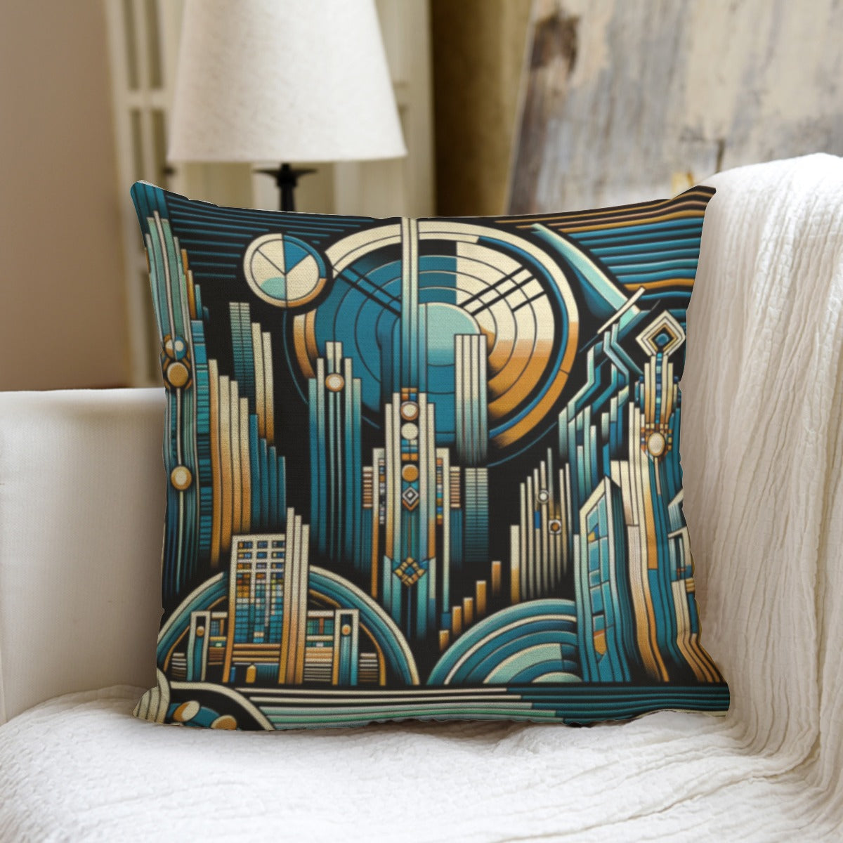 Blue Art Deco Cityscape Decorative Accent Pillow - Modern Home Decor - Misfit Marketing Design Studios