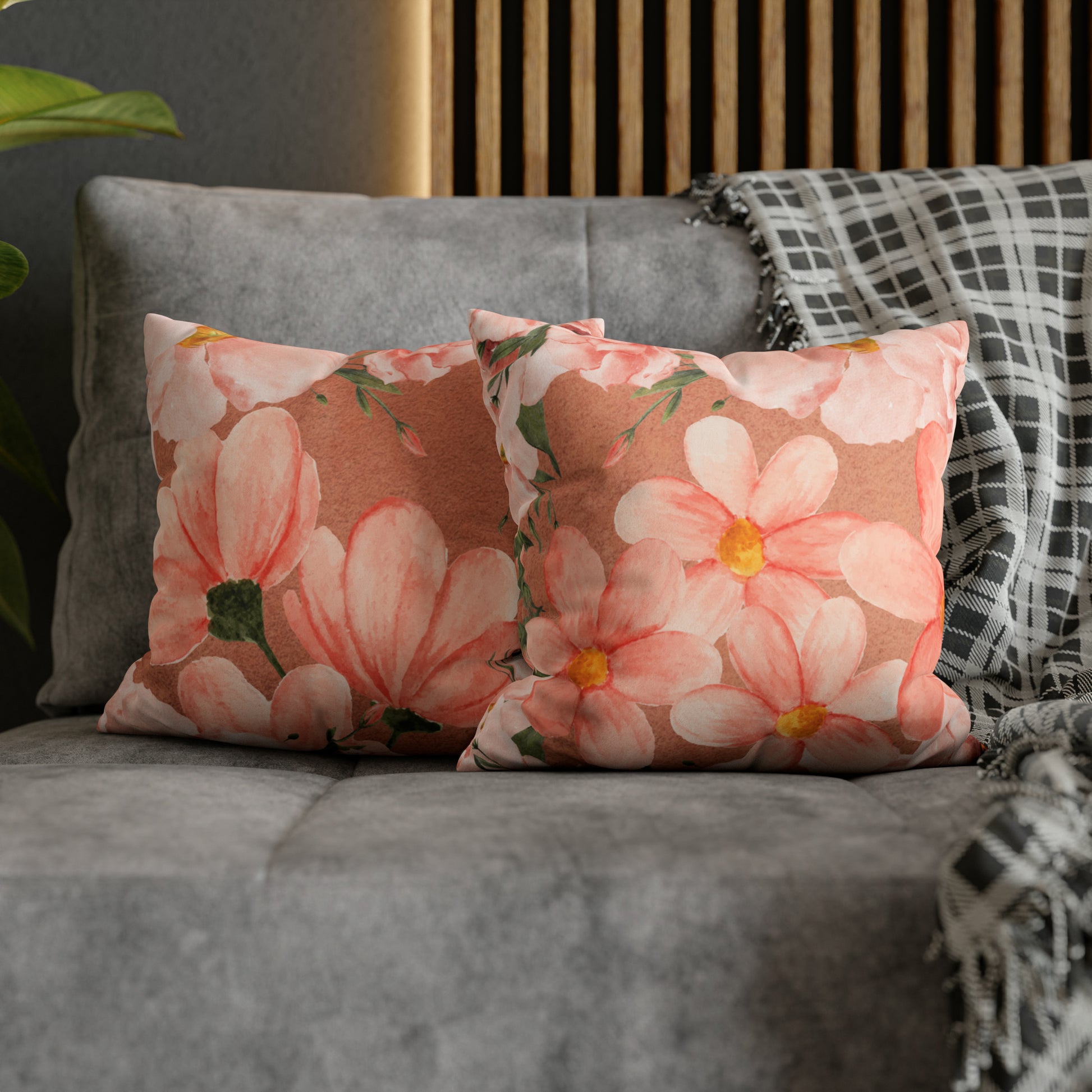 Peach Floral Faux Suede Square Pillow Cover - Decorative Home Accent - Misfit Marketing Design Studios