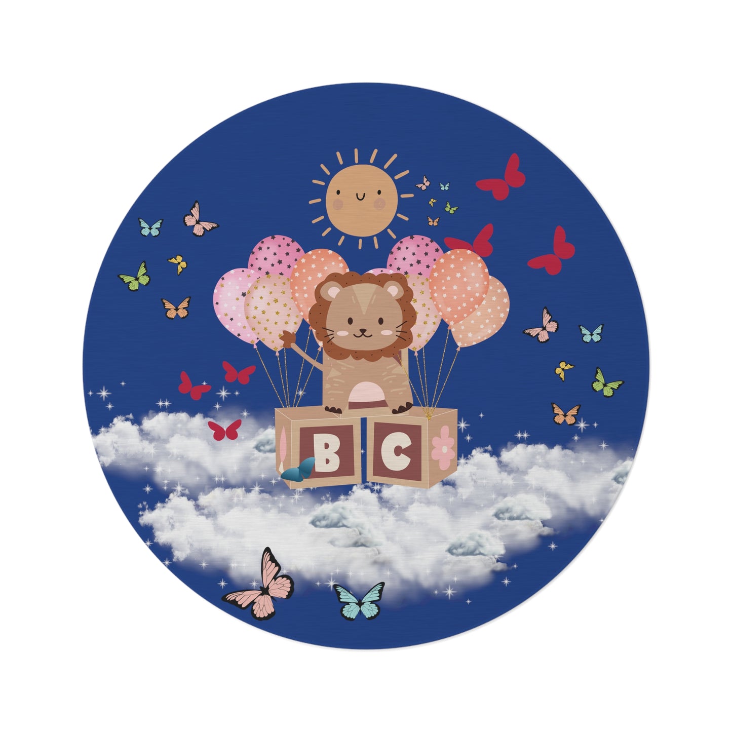 Kid's Lion Balloon Flight Round Rug - Misfit Marketing Designs