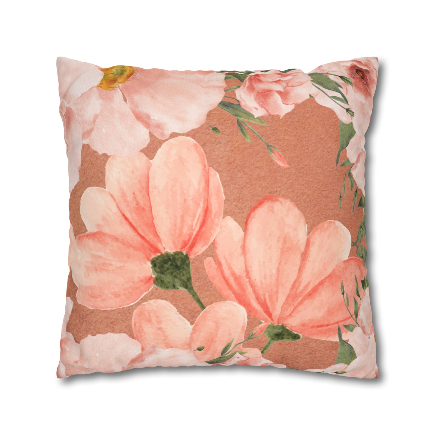 Peach Floral Faux Suede Square Pillow Cover - Decorative Home Accent - Misfit Marketing Design Studios