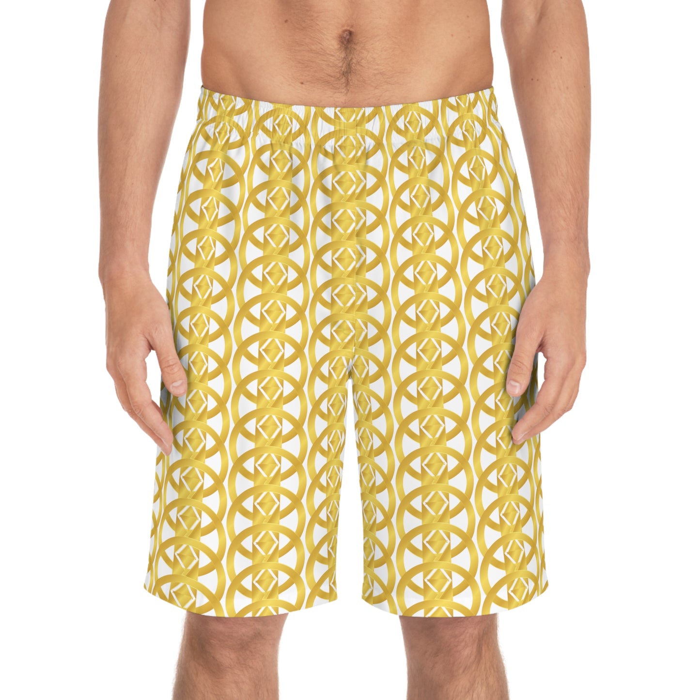 Gold and White Mens Board Shorts - Fashionable Beachwear for Summer - Misfit Marketing Design Studios