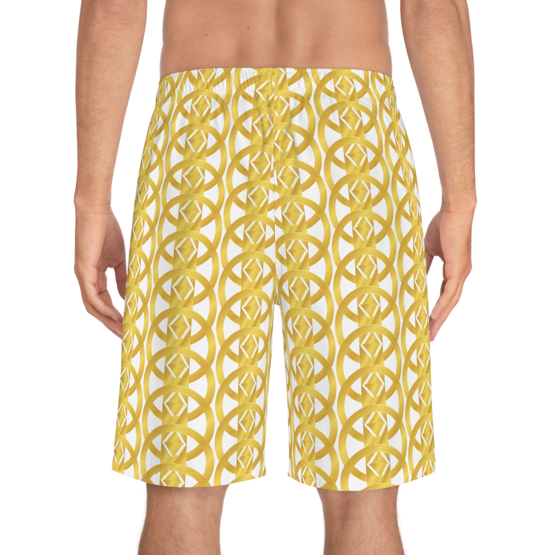 Gold and White Mens Board Shorts - Fashionable Beachwear for Summer - Misfit Marketing Design Studios