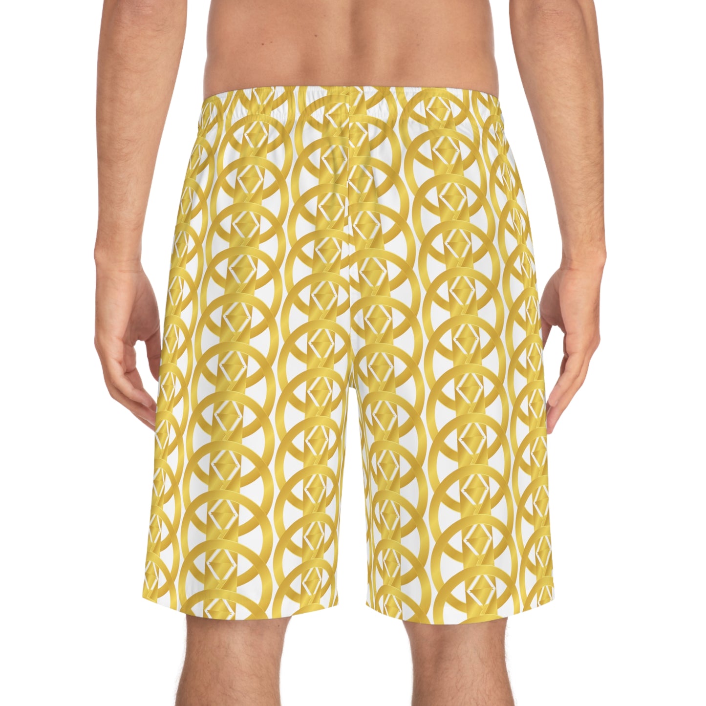 Gold and White Mens Board Shorts - Fashionable Beachwear for Summer - Misfit Marketing Design Studios