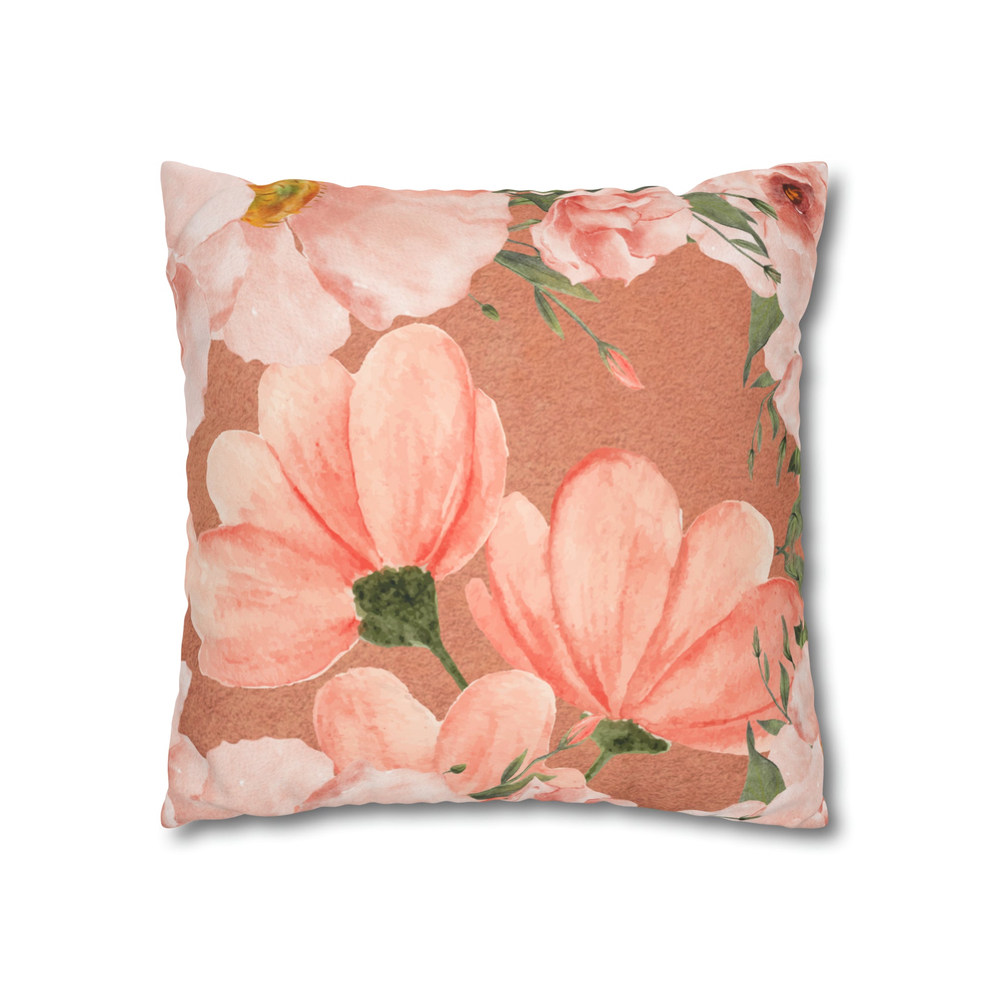 Peach Floral Faux Suede Square Pillow Cover - Decorative Home Accent - Misfit Marketing Design Studios