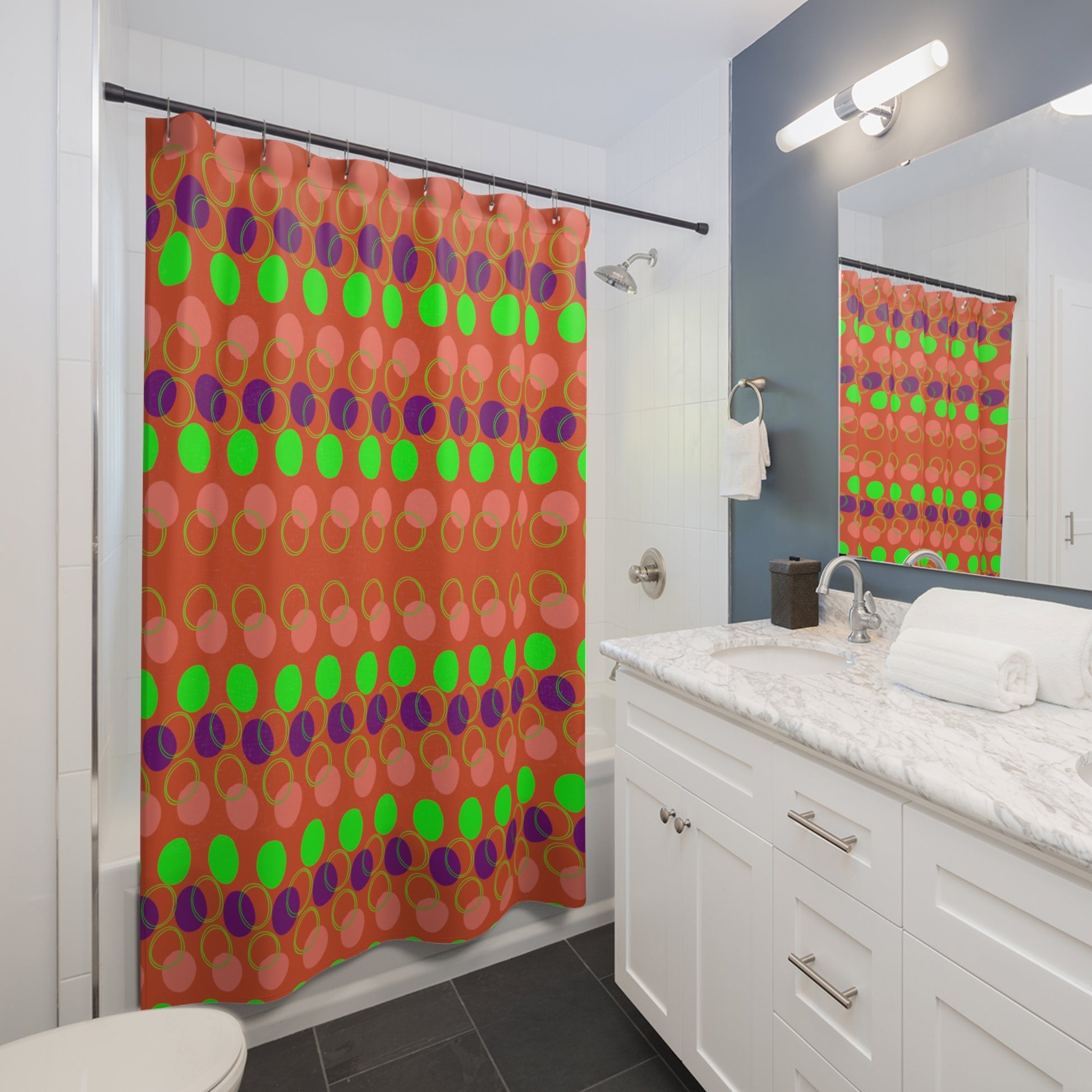 Orange Polka Dot Shower Curtain - Fun and Bright Bathroom Decor - Misfit Marketing Design Studios