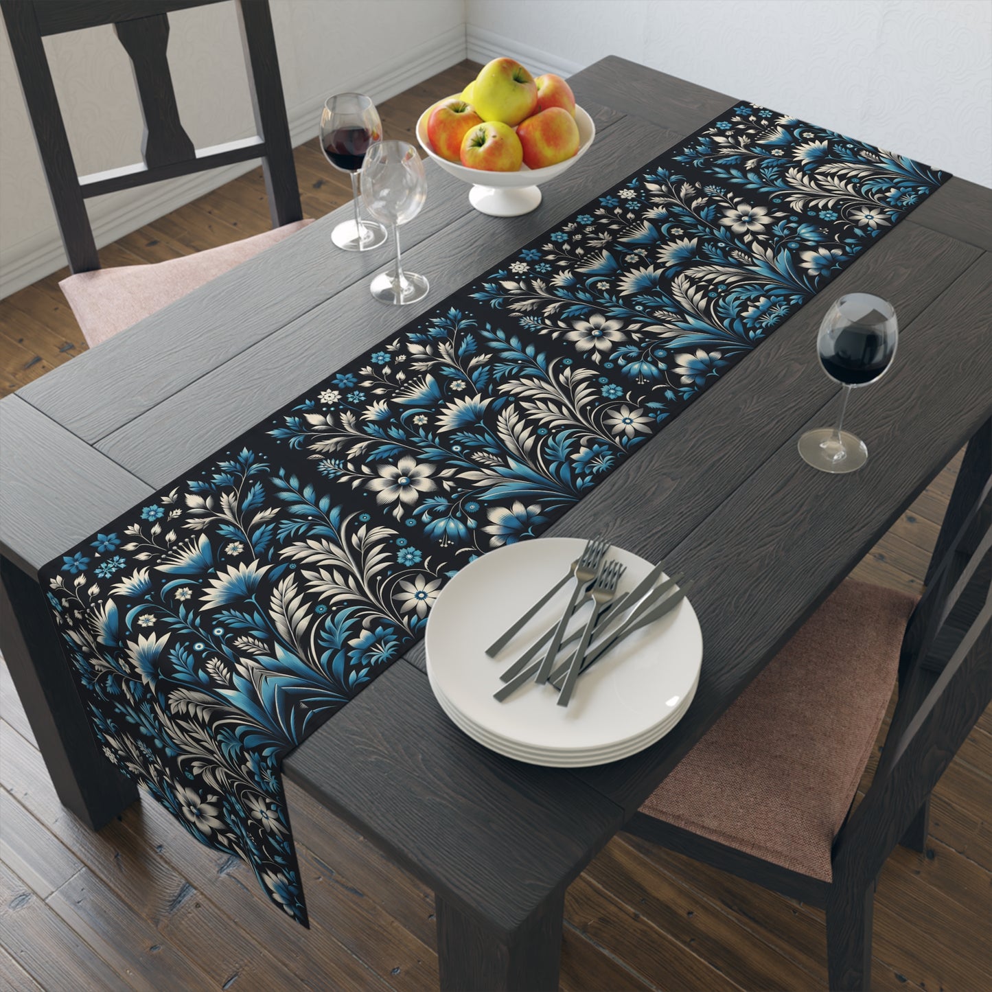 Dark Blue Art Dec Floral Table Runner