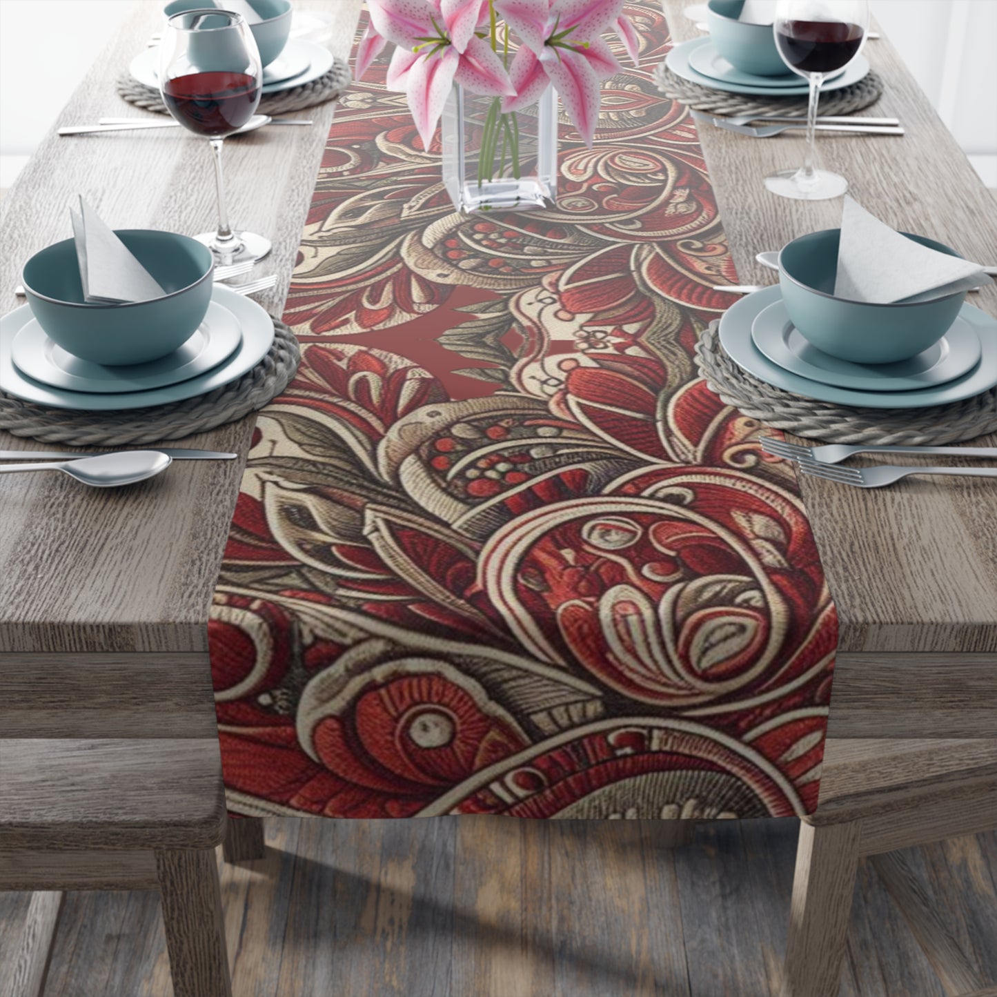 Burgundy Floral Pattern Table Runner