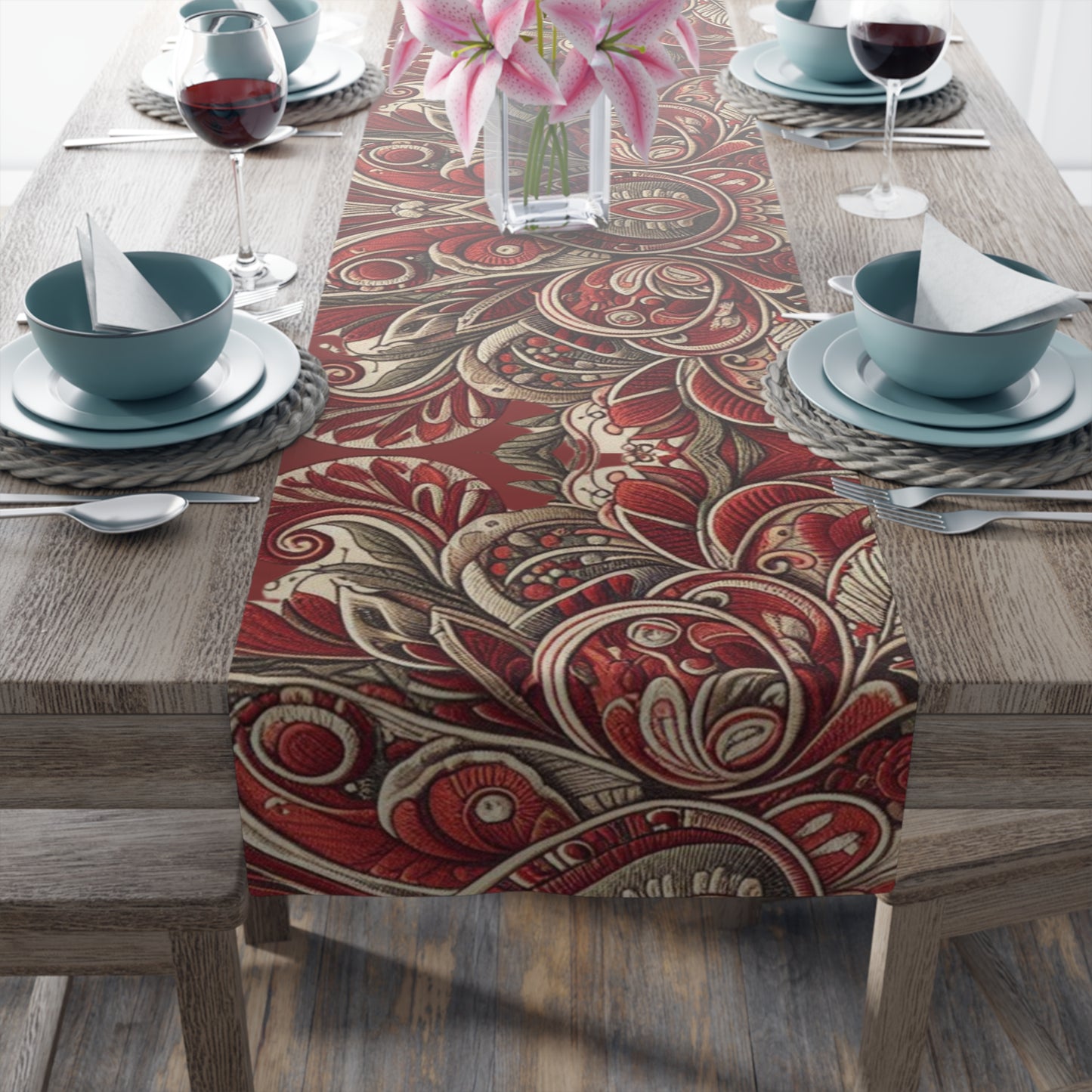 Burgundy Floral Pattern Table Runner