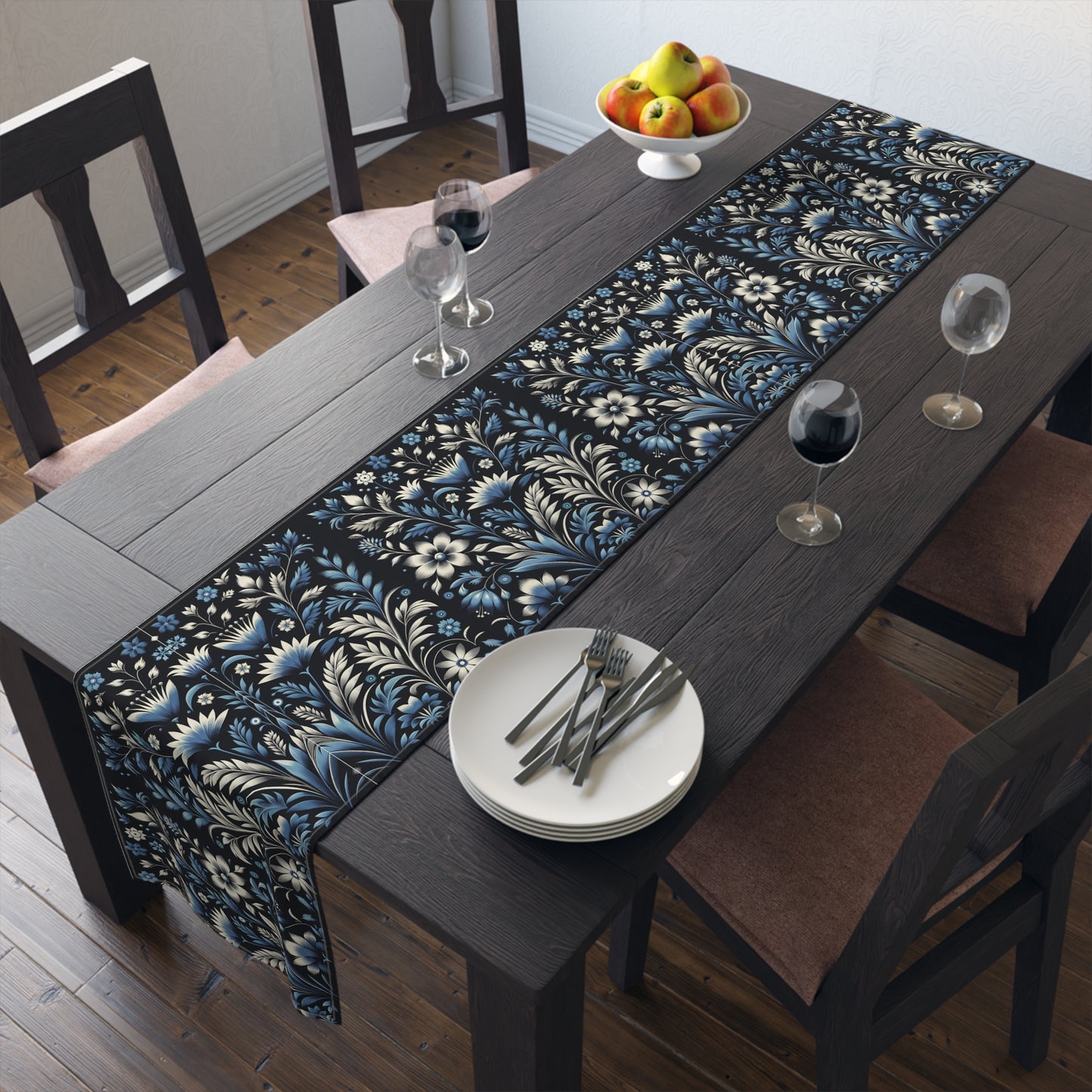 Dark Blue Art Dec Floral Table Runner