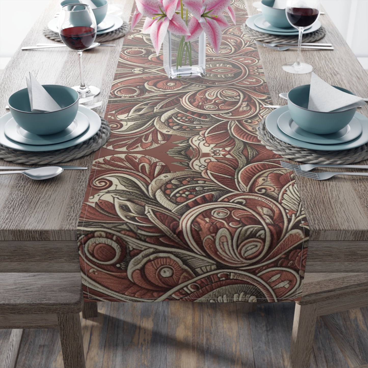 Burgundy Floral Pattern Table Runner