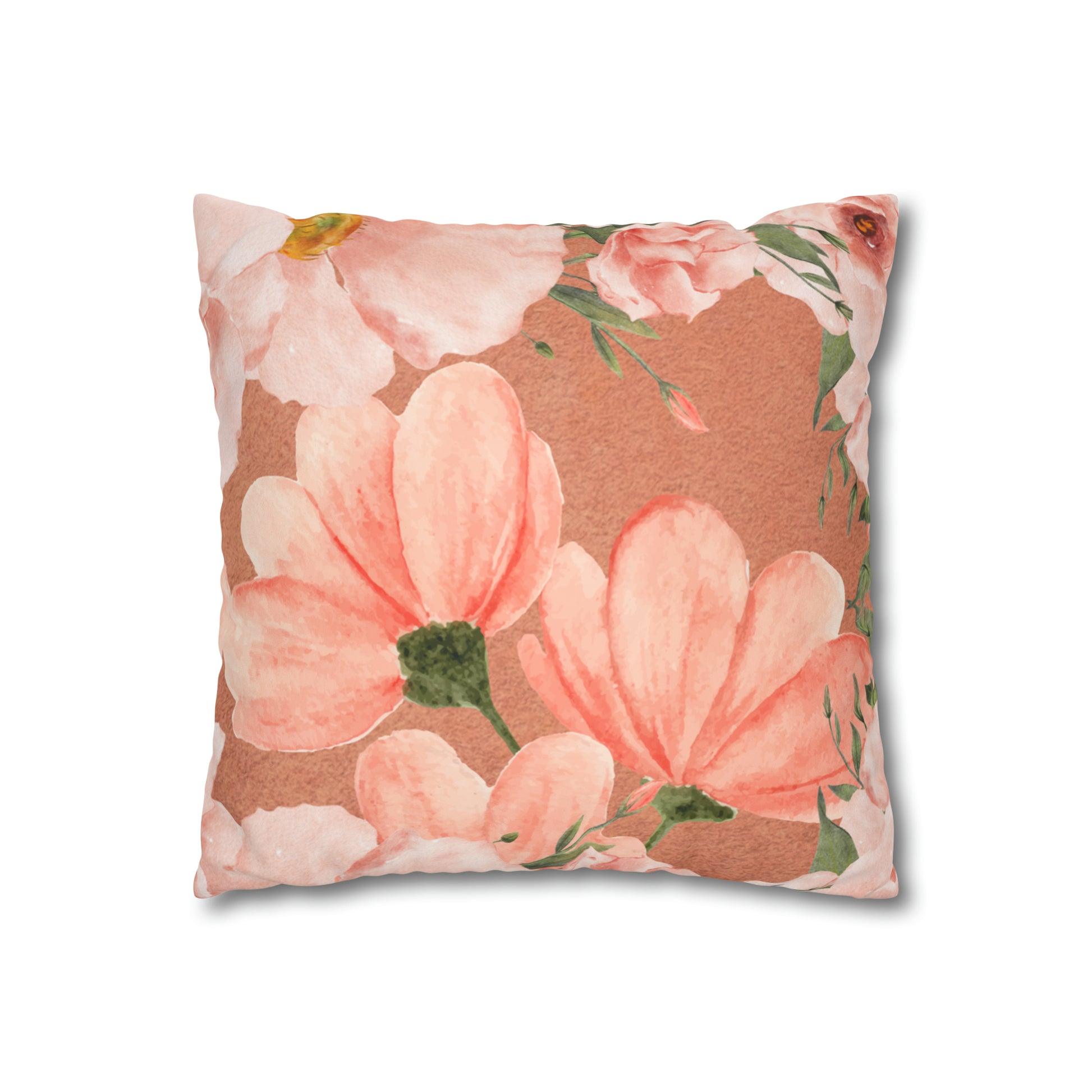 Peach Floral Faux Suede Square Pillow Cover - Decorative Home Accent - Misfit Marketing Design Studios