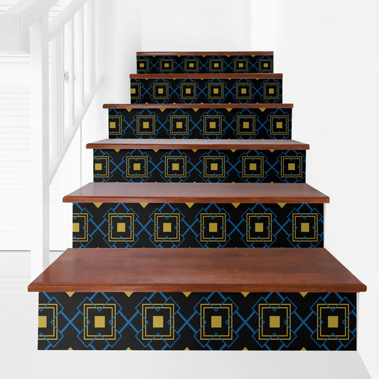 Blue and Gold Art Deco Stair Riser Decals- 6Pcs - Misfit Marketing Designs