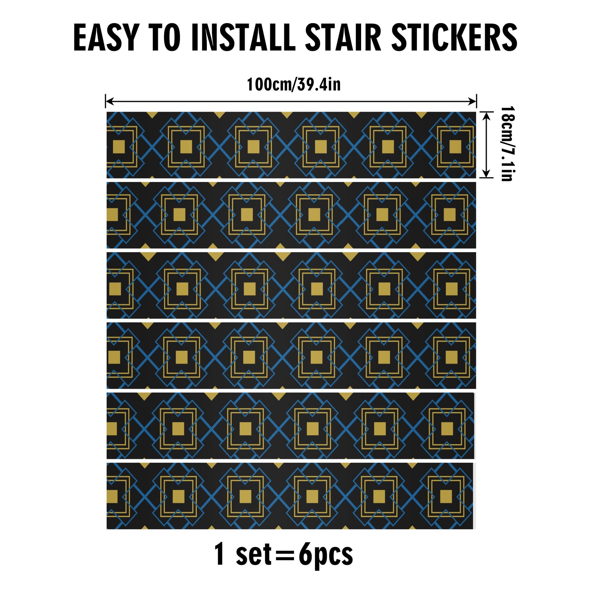 Blue and Gold Art Deco Stair Riser Decals- 6Pcs - Misfit Marketing Designs