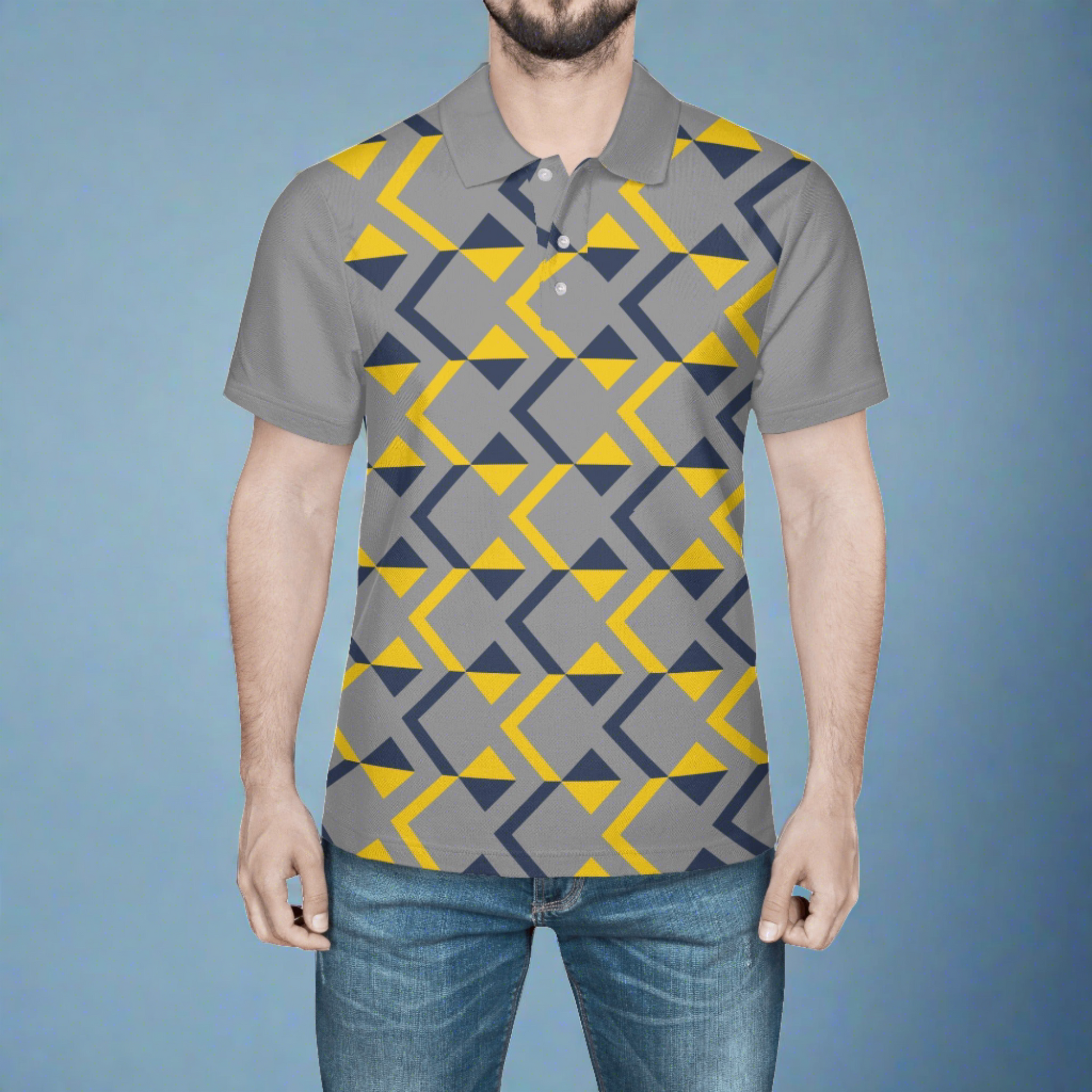 Blue and Yellow Abstract Pattern Mens Polo Shirt - Stylish and Comfortable - Misfit Marketing Design Studios