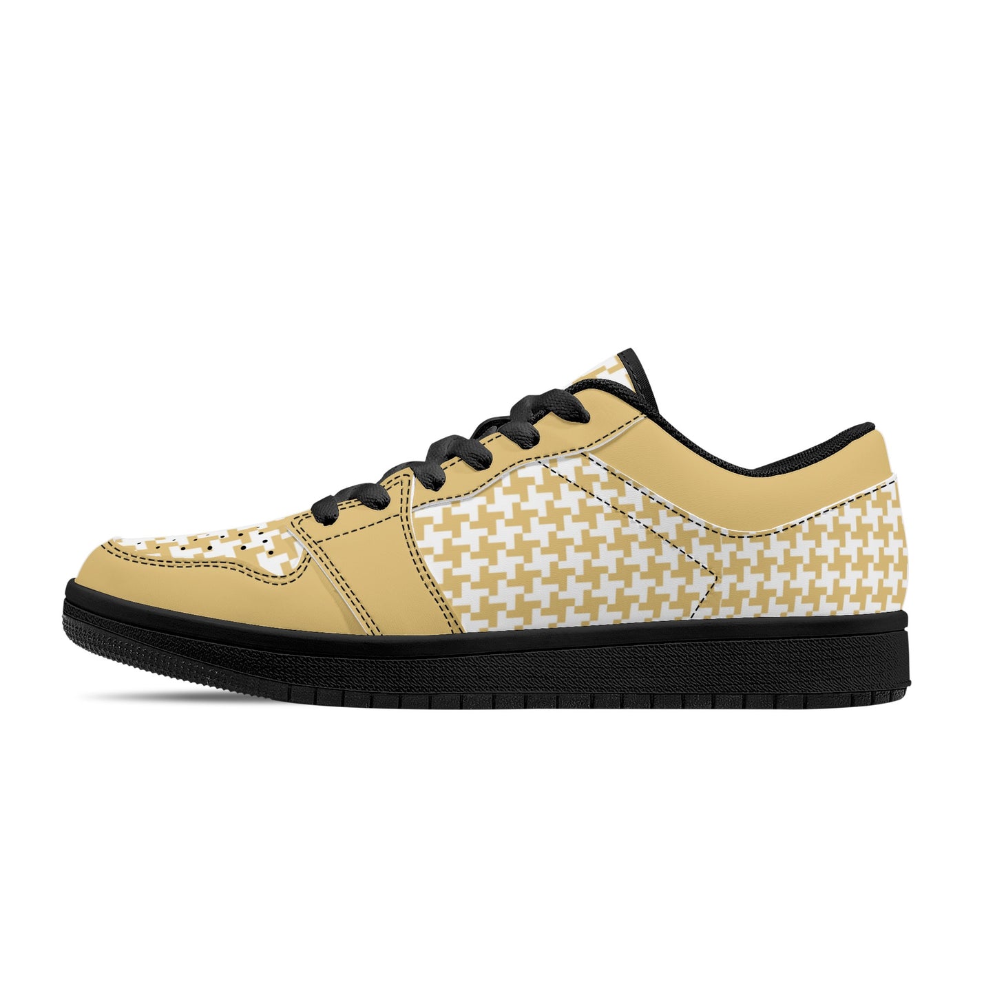 Men's English Custard Houndstooth Low Top Leather Sneakers - Misfit Marketing Designs