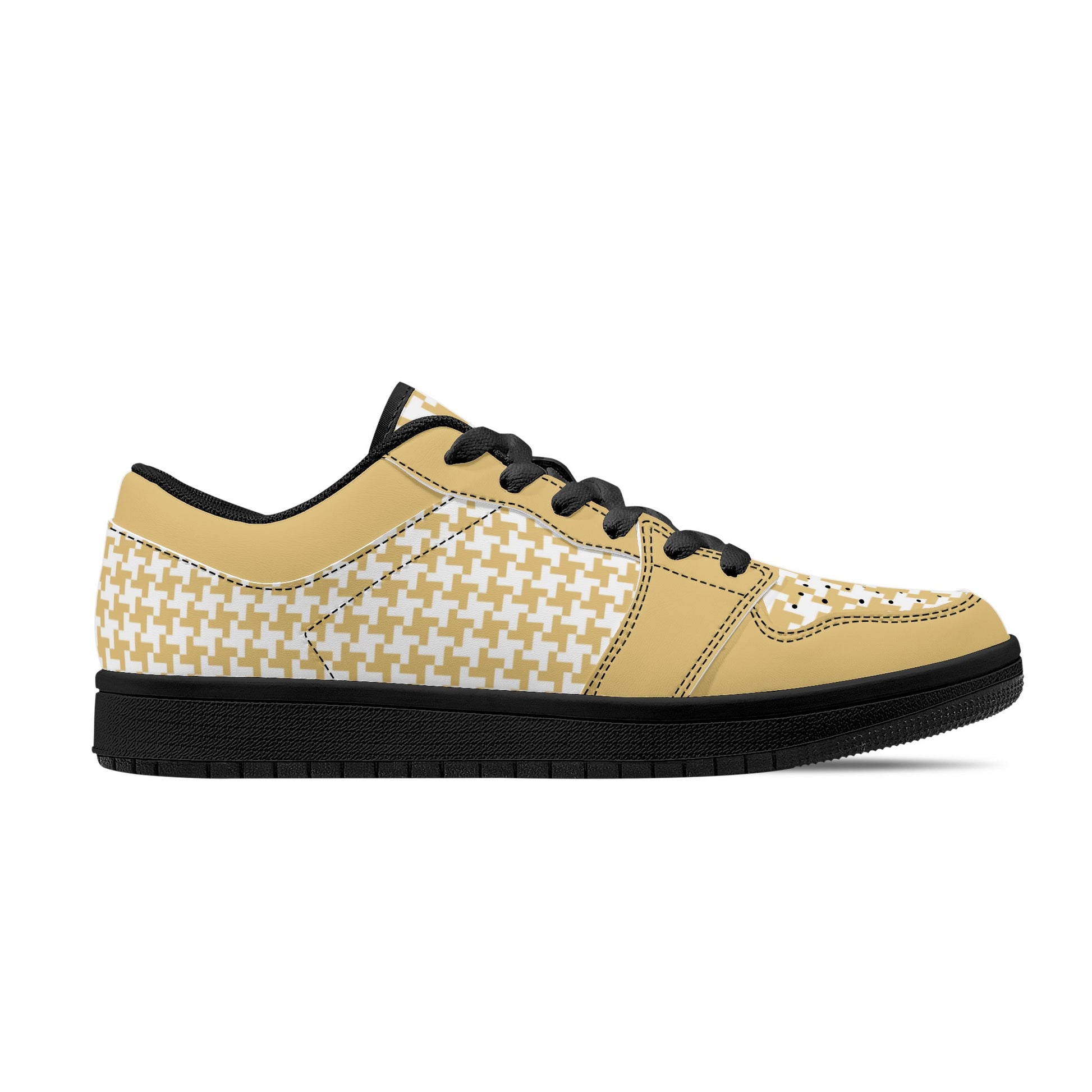 Men's English Custard Houndstooth Low Top Leather Sneakers - Misfit Marketing Designs