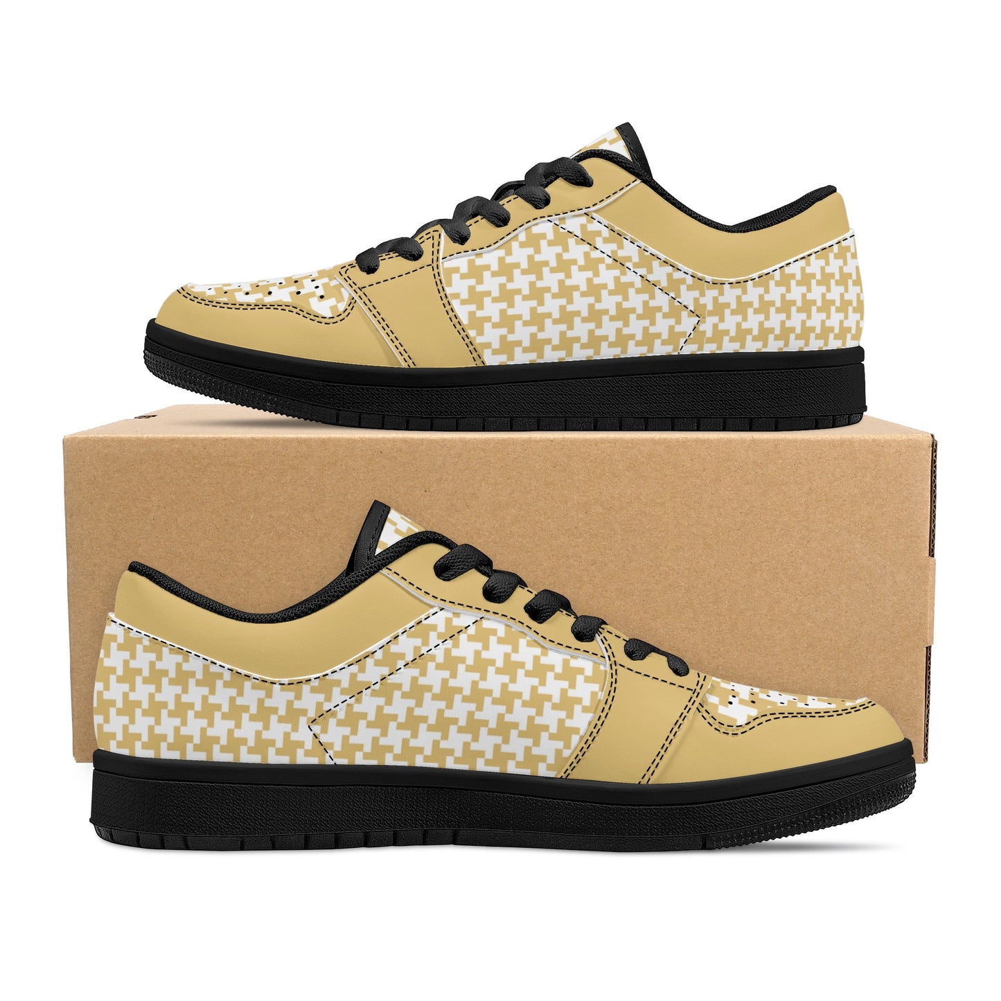 Men's English Custard Houndstooth Low Top Leather Sneakers - Misfit Marketing Designs