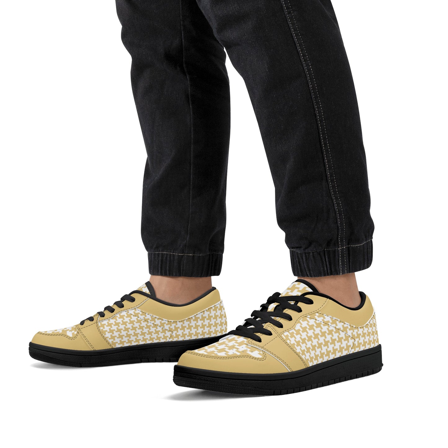 Men's English Custard Houndstooth Low Top Leather Sneakers - Misfit Marketing Designs