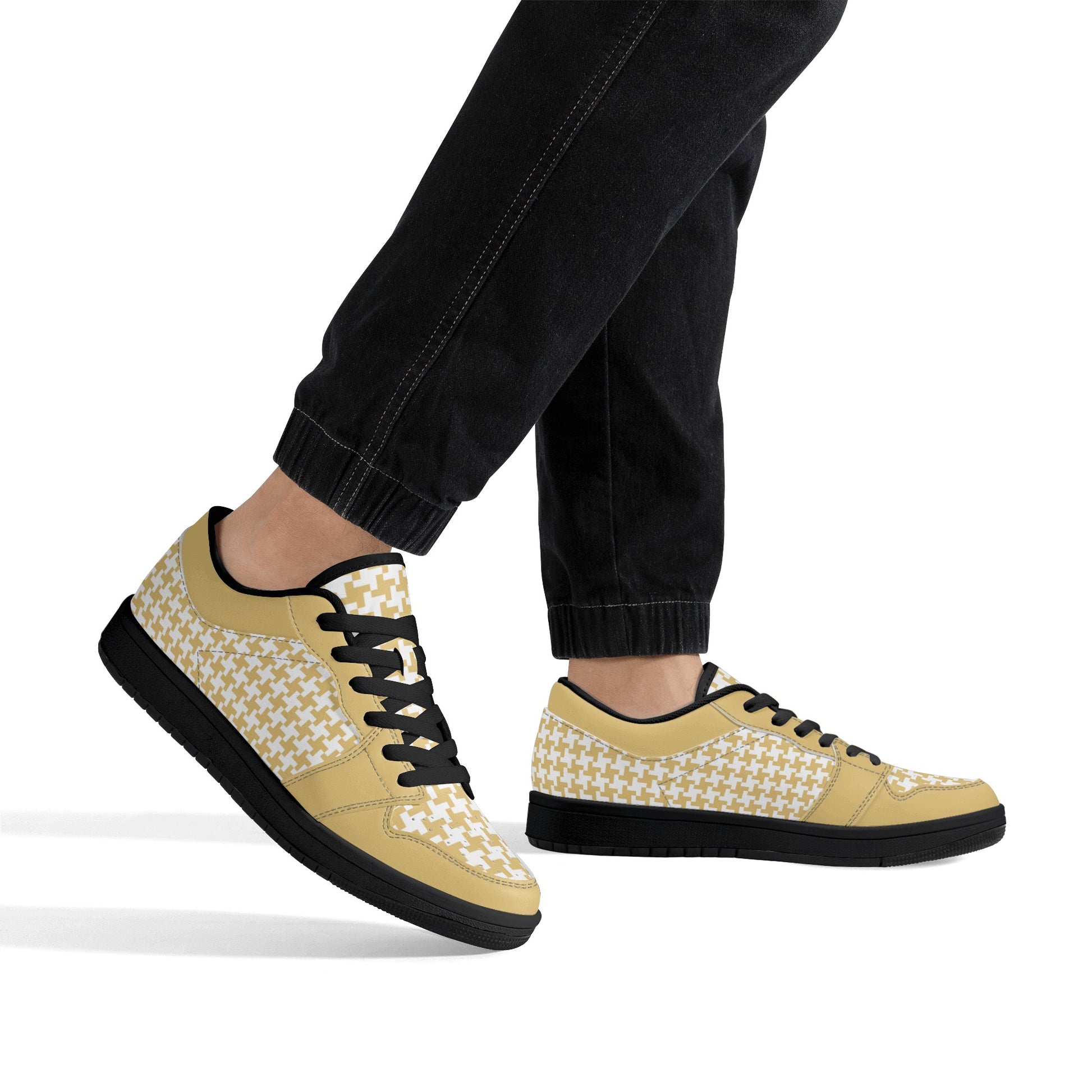 Men's English Custard Houndstooth Low Top Leather Sneakers - Misfit Marketing Designs