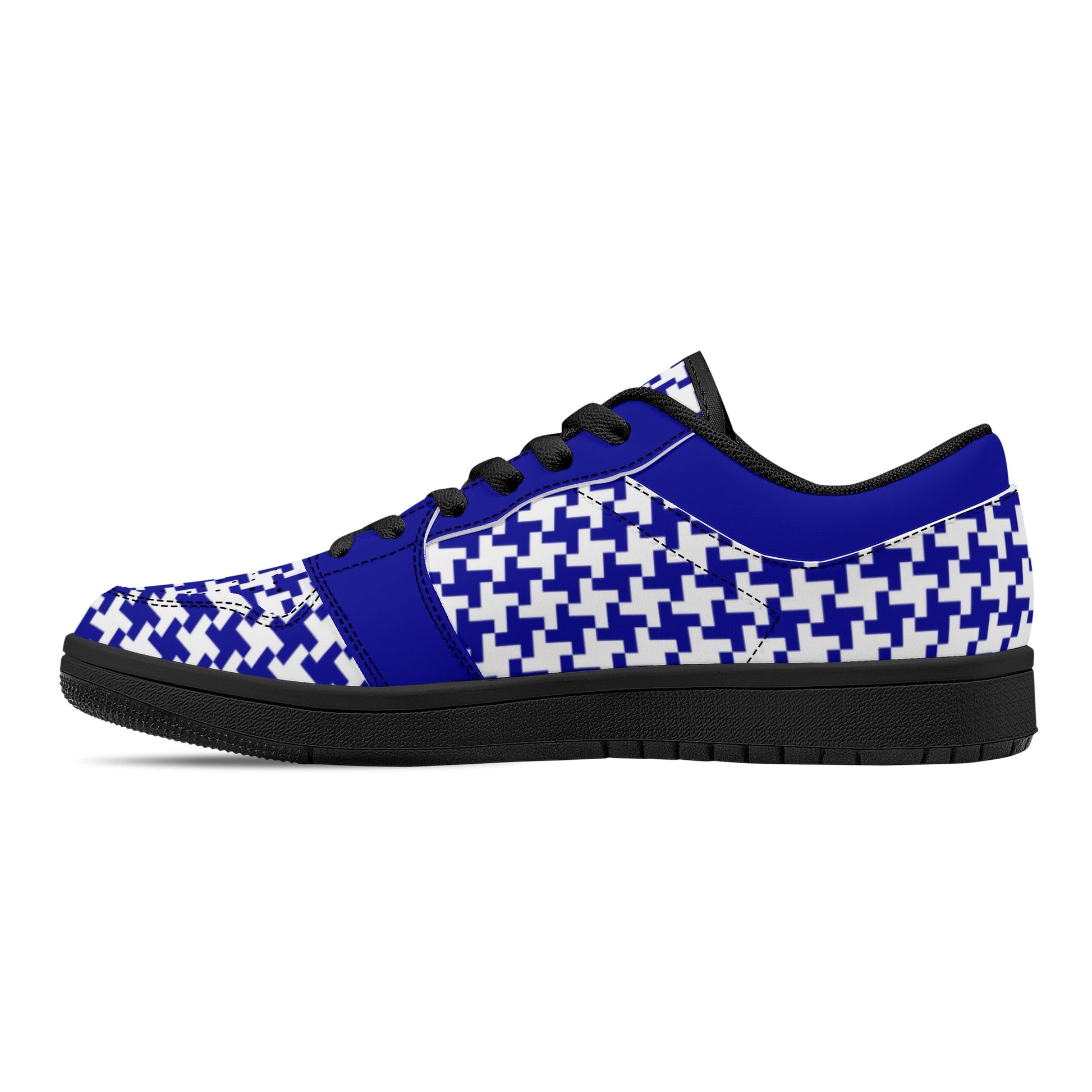 Men's Dark Blue Houndstooth Low Top Leather Sneakers - Misfit Marketing Designs