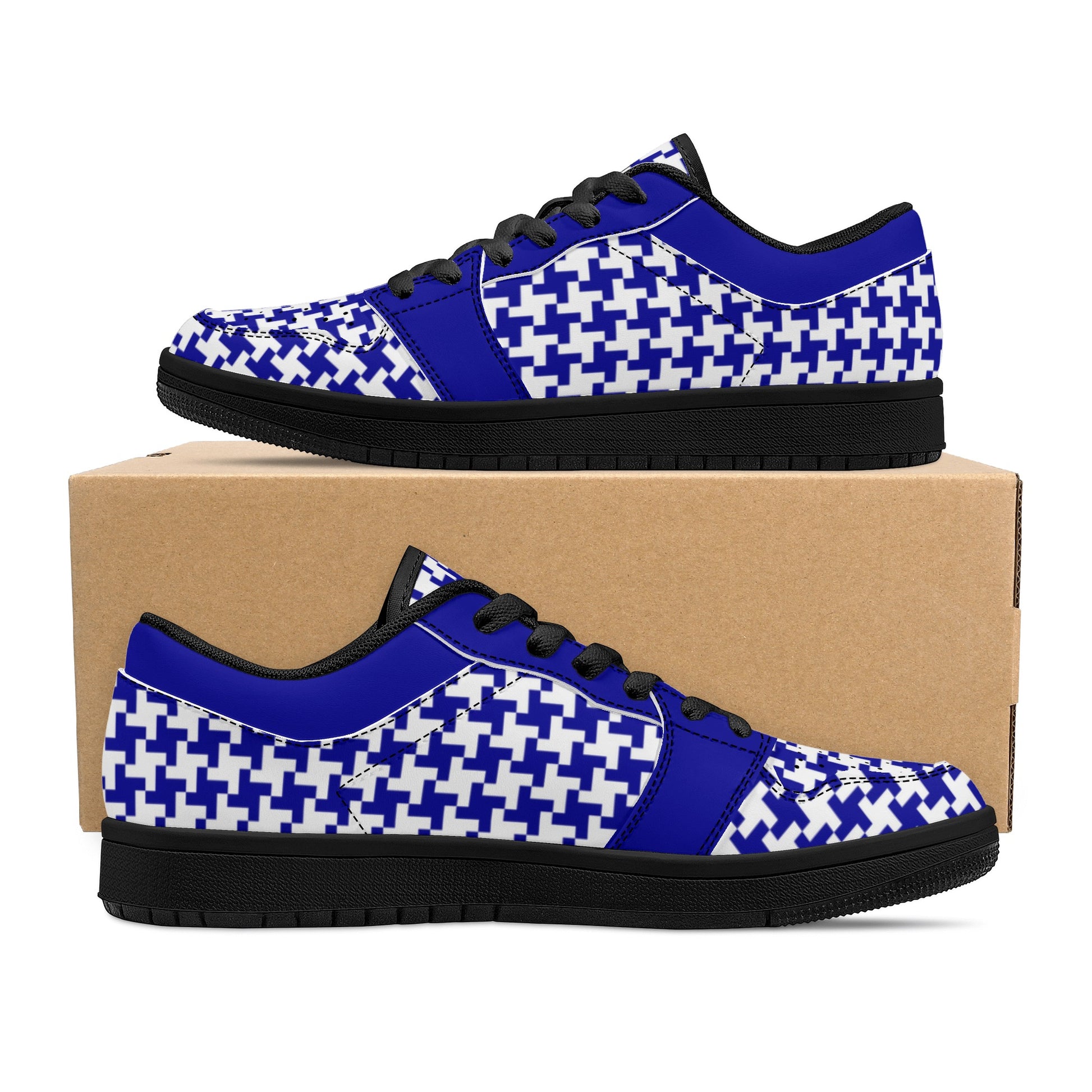 Men's Dark Blue Houndstooth Low Top Leather Sneakers - Misfit Marketing Designs