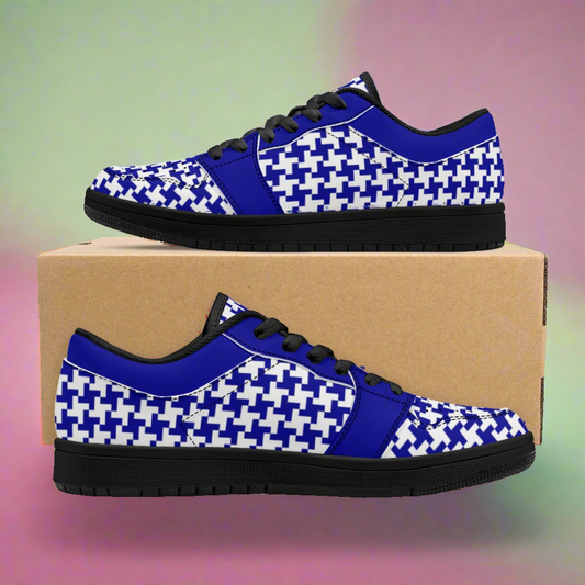 Men's Dark Blue Houndstooth Low Top Leather Sneakers