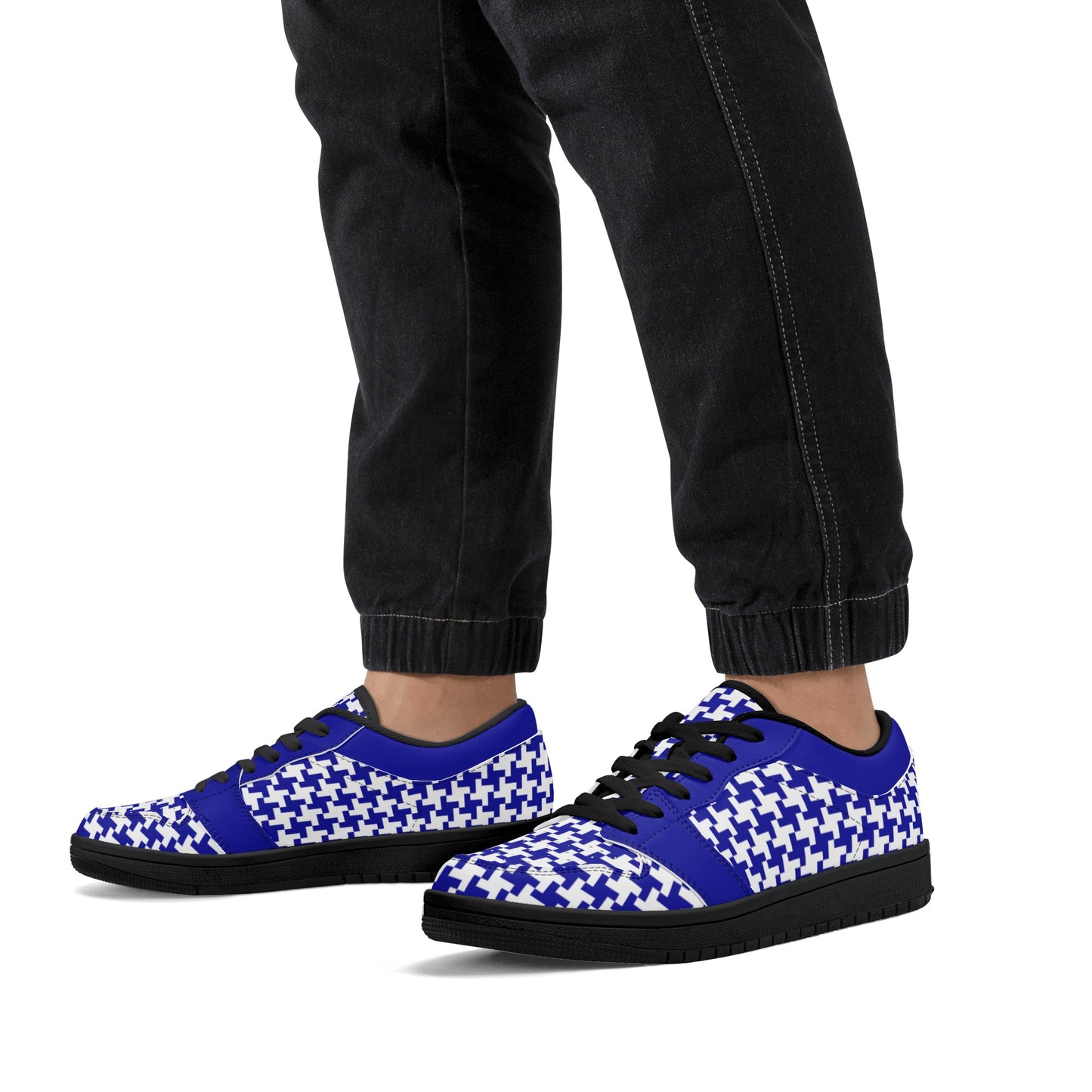 Men's Dark Blue Houndstooth Low Top Leather Sneakers - Misfit Marketing Designs