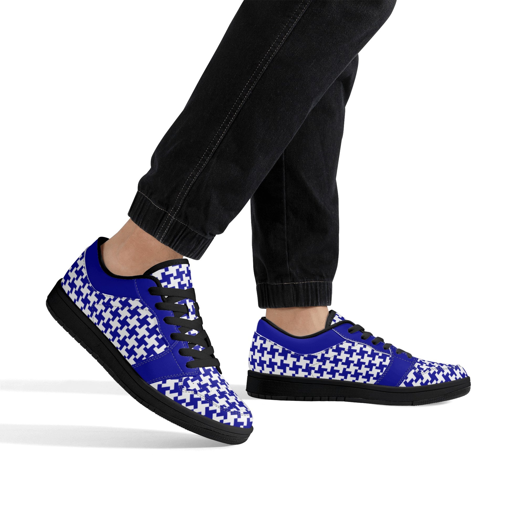 Men's Dark Blue Houndstooth Low Top Leather Sneakers - Misfit Marketing Designs