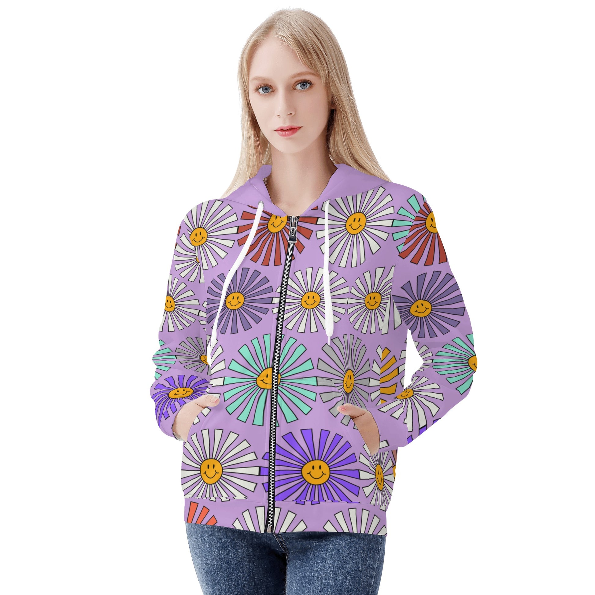 Smiley Sun Wisteria Zip Hoodie - Misfit Marketing Designs