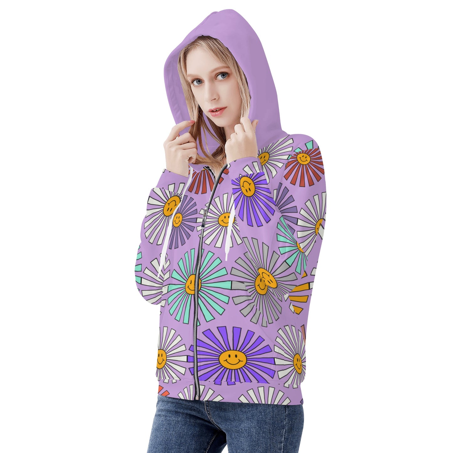 Smiley Sun Wisteria Zip Hoodie - Misfit Marketing Designs