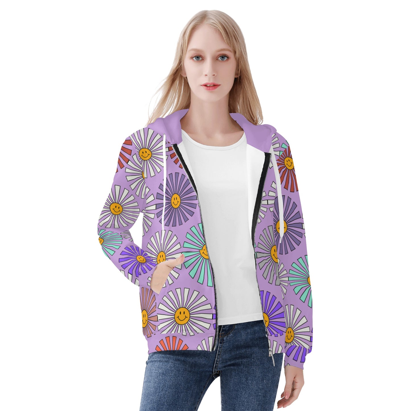 Smiley Sun Wisteria Zip Hoodie - Misfit Marketing Designs